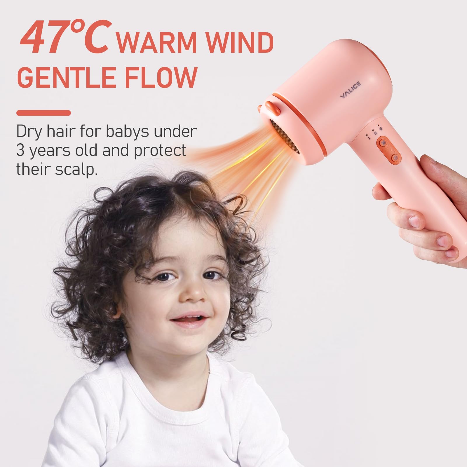 Cordless Kids Hair Dryer for Infant, Low Heat Gentle Air Small Rechargeable Hair Blow Dryer for Baby Butt Skin with 3 Speed Settings, 0-3 Years Using (Orange)