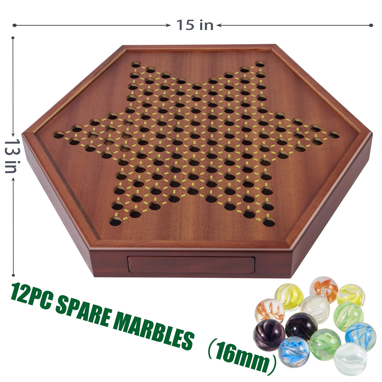 VAMSLOVE Chinese Checkers 15" Large Upgraded Version Wooden Game Board, 16mm 60+12 Colorful Glass Marbles, Easy Grasping for Adults and Kids, w/Storage Drawer, Fun for Family Gathering