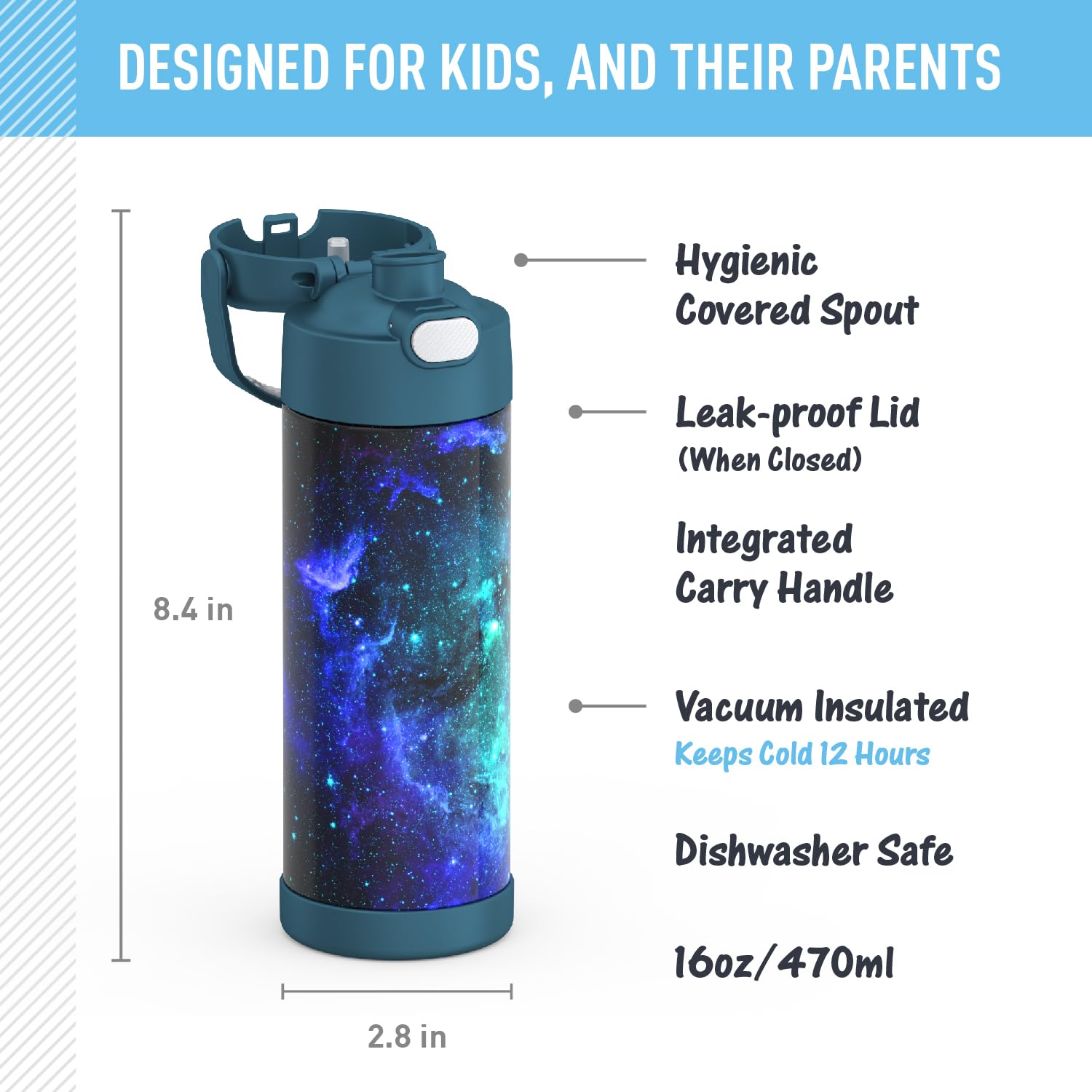 THERMOS FUNTAINER 16 Ounce Stainless Steel Vacuum Insulated Bottle with Wide Spout Lid, Galaxy Teal