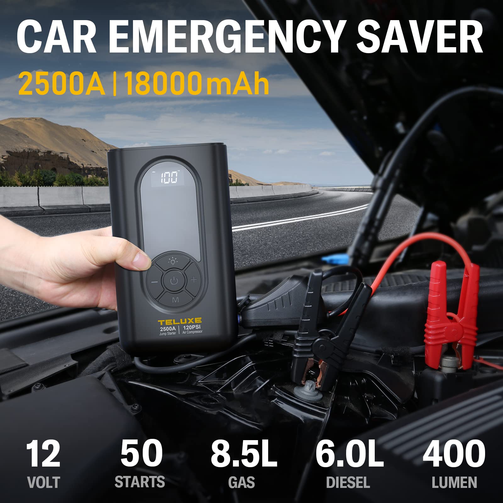 TELUXE Jump Starter with Air Compressor, 2500A 150PSI Car Battery Jump Starter with Digital Tire Inflator, 12V Lithium Jump Box for Vehicles, Car Battery Booster for 8.5L Gas or 6.0L Diesel Engines.