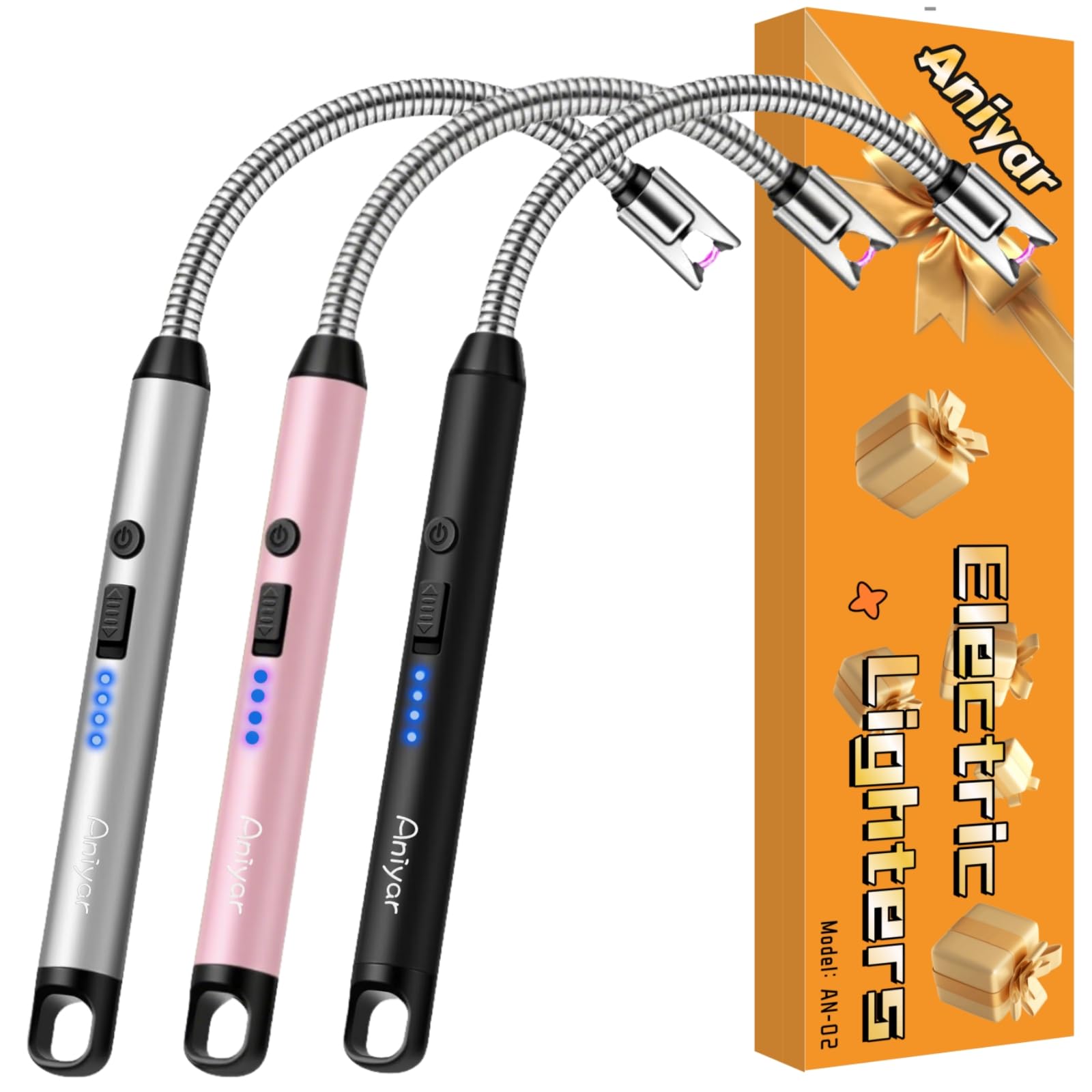 Christmas Stocking Stuffers - 3 Pack Electric Lighter with 360° Flexible Neck & LED Display, Birthday Gifts for Women Mom Men Wife, USB Arc Long Candle Lighters for Candle Black/Rose/Silver