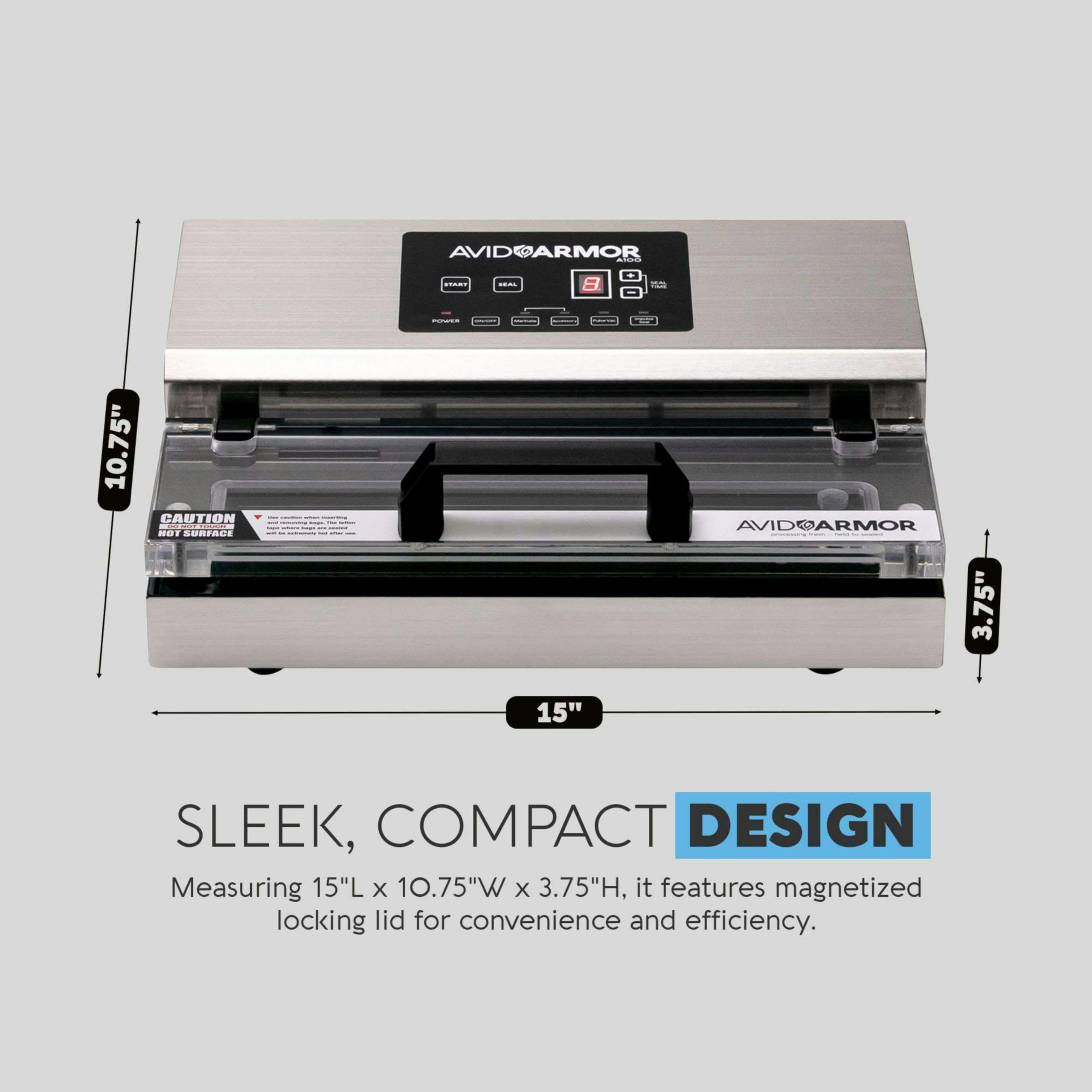 Avid Armor Vacuum Sealer Machine - A100 Stainless Construction, Clear Lid, Commercial Double Piston Pump Heavy Duty 12 Wide Seal Bar Built in Cooling Fan Includes 30 Pre-cut Bags and Accessory Hose