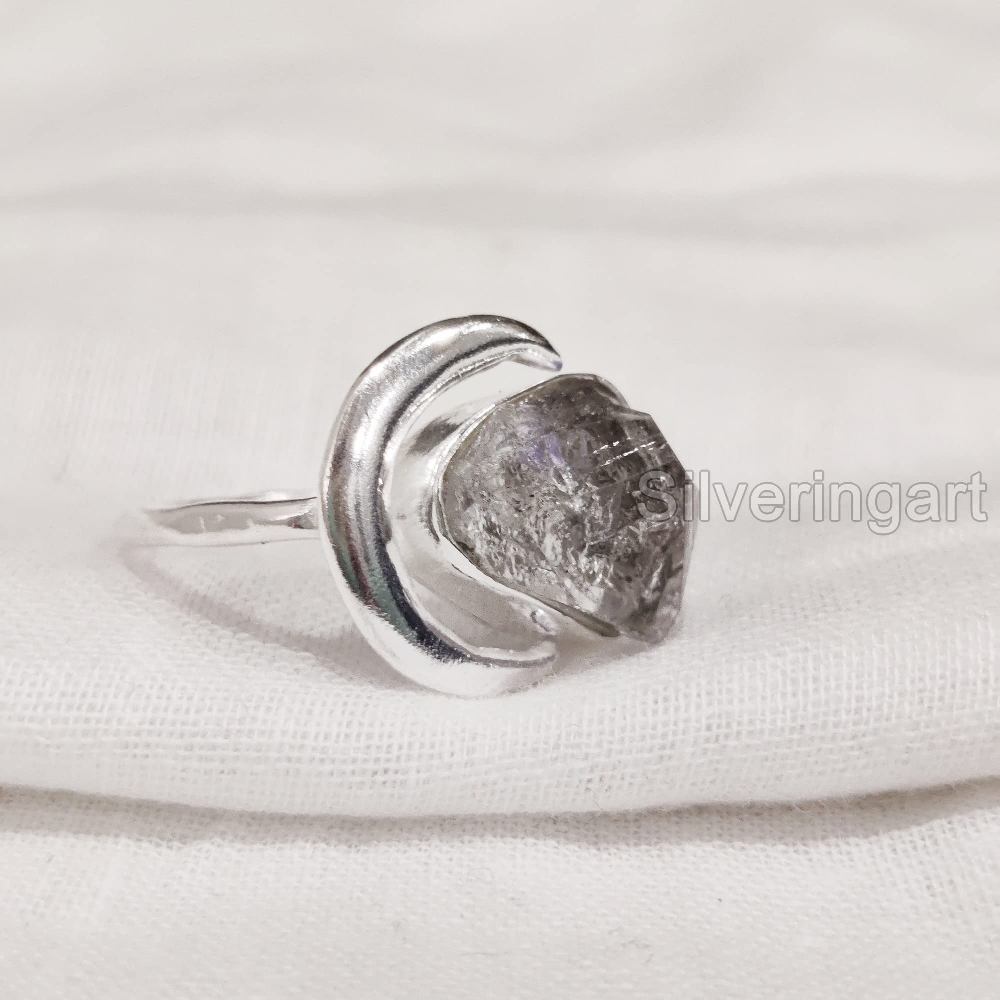 Natural Herkimer Diamond Ring, Raw Herkimer Diamond Ring, Crescent Moon Adjustable Ring, 925 Sterling Silver, Womens Ring, Christmas, Handmade, Statement Jewelry, Rough Gemstone Jewelry (6)