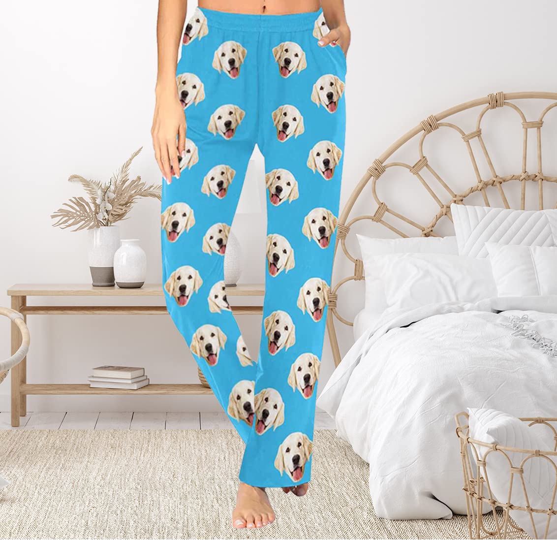 Custom Women's Pajamas Sleep Bottoms Pamaja Trousers Blue Personalized Pet Face Pajama Pants Nightwear with Dog Photo Picture for Women Girls Mom XS