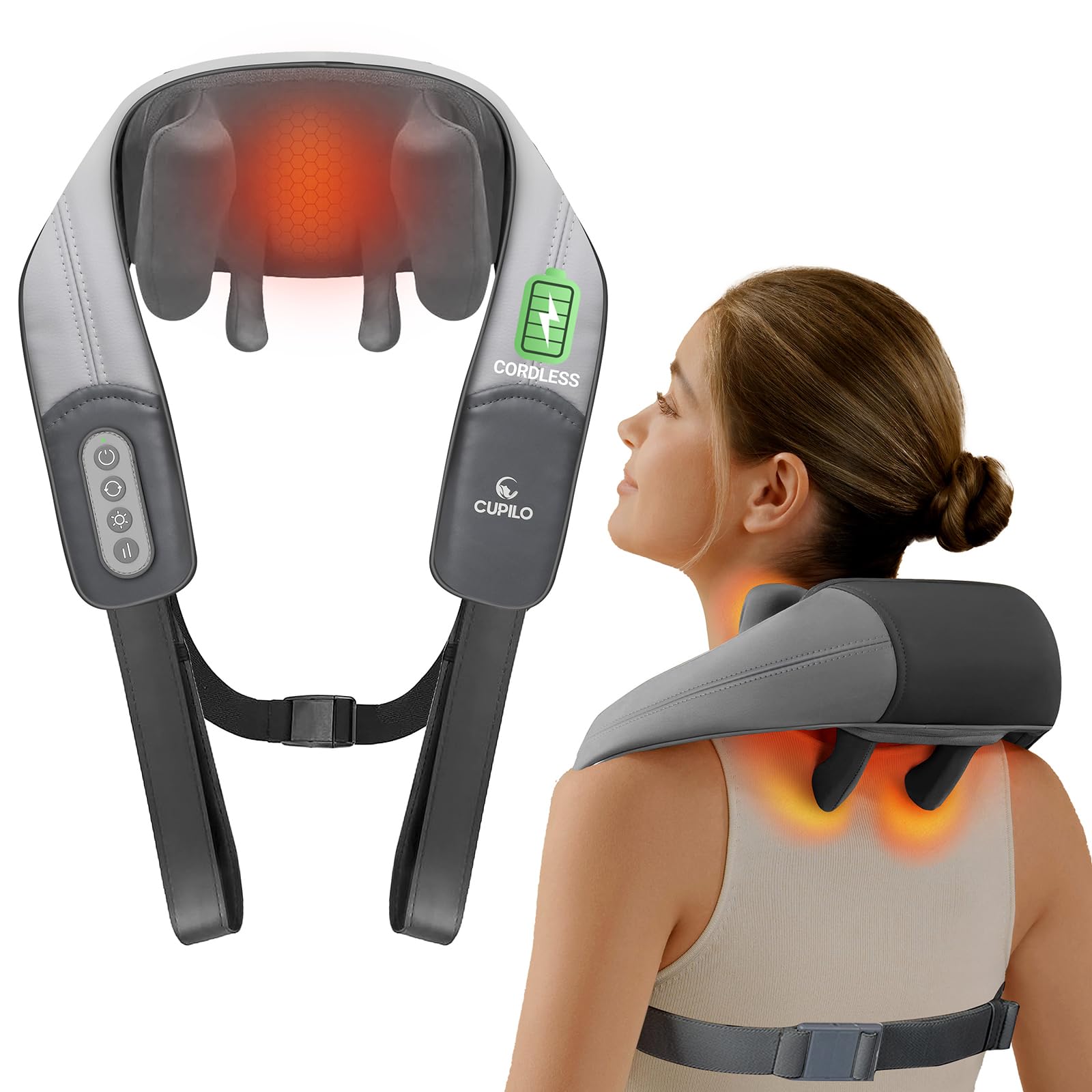 CuPiLo Shiatsu Neck and Shoulder Massager with Heat - 4D Expert Deep Tissue Kneading Massager, Rechargeable Massage for Neck, Shoulder,Traps and Back Pain Relief, Gifts for Christmas,Men Women Mom Dad