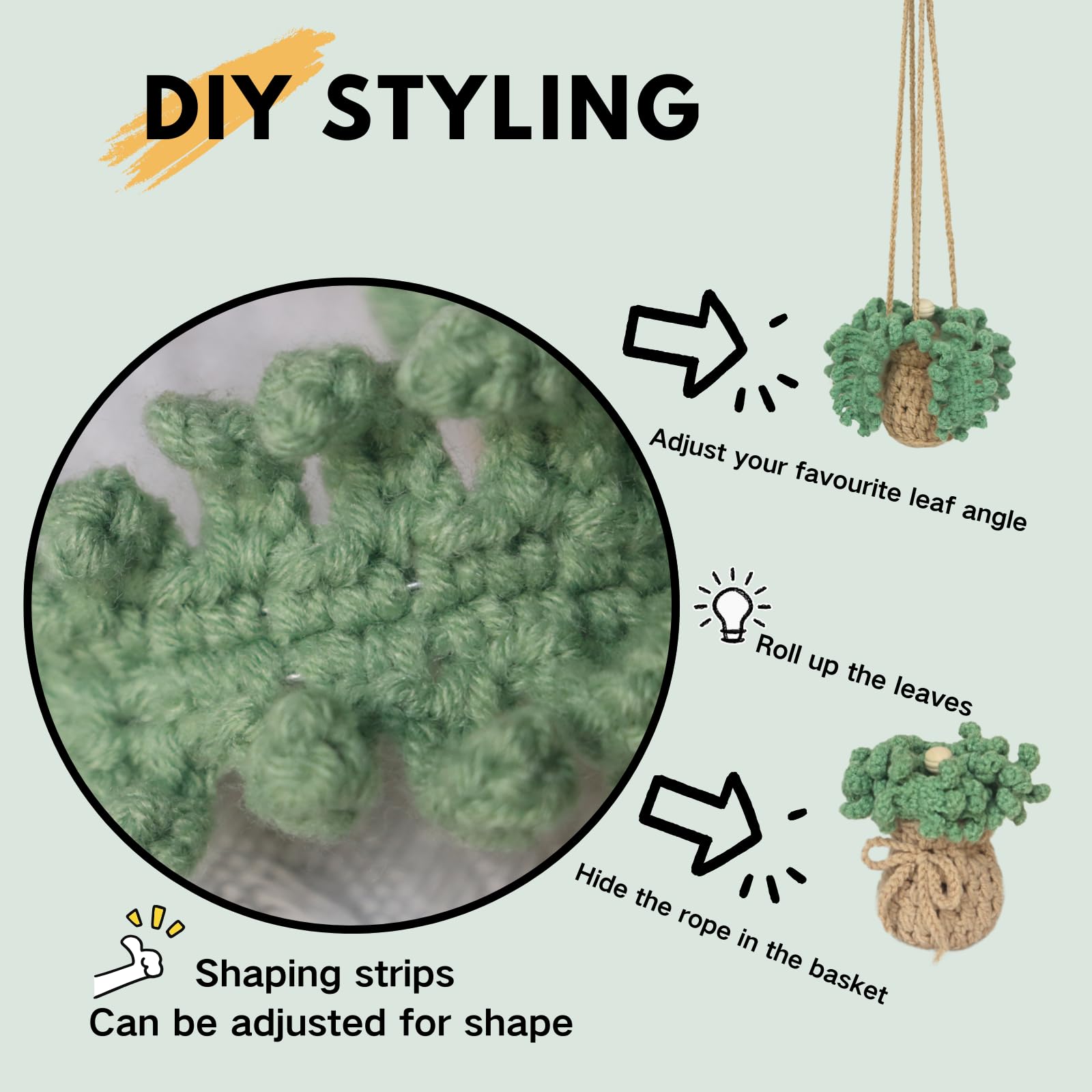 Crochet Car Air Freshener，12ml Empty Refillable Car Diffuser Bottle with Cute Potted Plants Car Mirror Hanging Accessories Car Air Hanging Fragrance Oil Diffuser,Long Lasting Car Diffuser Bottle
