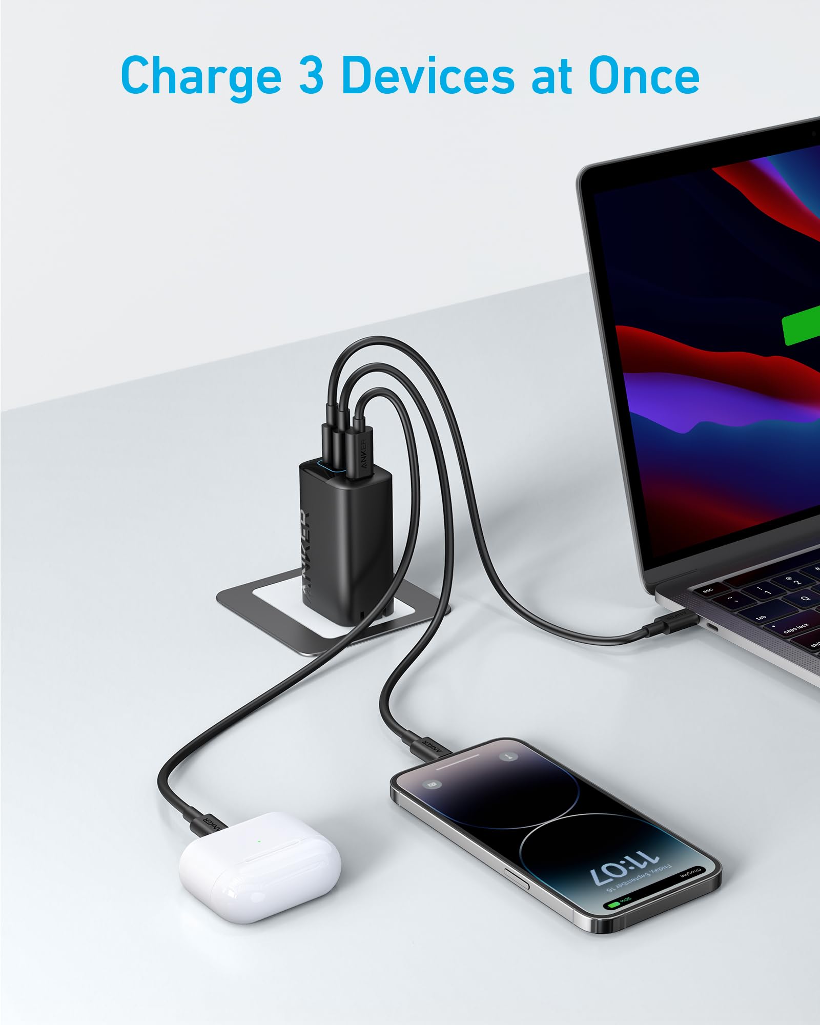 Anker 67W USB C Charger, 3 Port PIQ 3.0 Compact and Foldable Fast Charger for MacBook Pro, iPad, Galaxy, Pixel, iPhone and More (5ft USB C to USB C Cable Included)