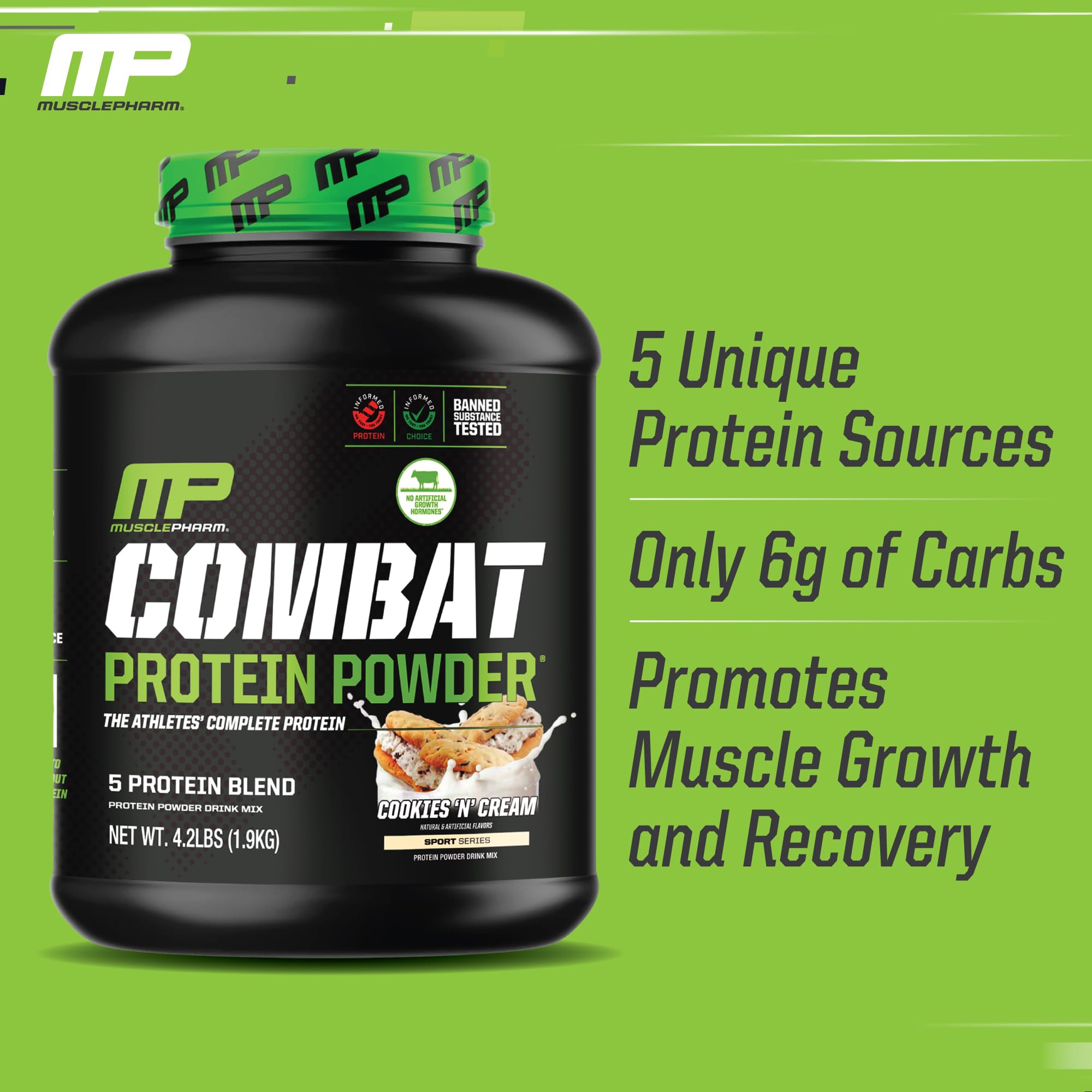 MusclePharm Combat Protein Powder, Cookies ‘N’ Cream Flavor, Fuels Muscles for Productive Workouts, 5 Protein Sources including Whey Protein Isolate & Egg Albumin, Gluten Free, 4 lb, 52 Servings