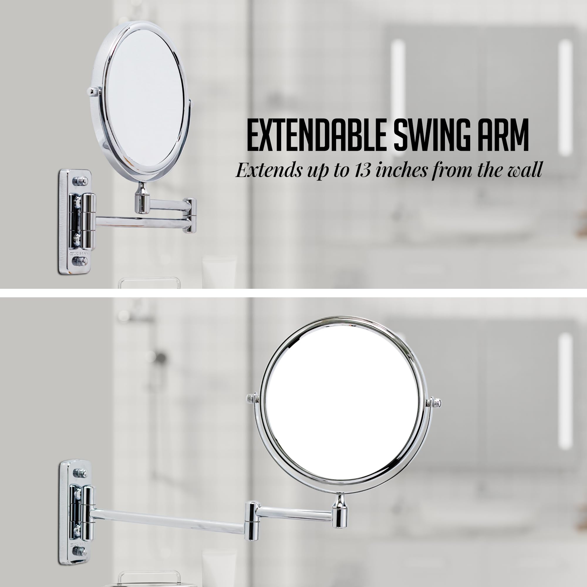 OVENTE 7" Wall Mounted Makeup Mirror with 1X/10X Magnification, Double Sided Magnifying Round Bathroom Vanity Mirror, 360° Swivel Design, Extendable and Folding Arm, Polished Chrome MNLFW70CH1X10X