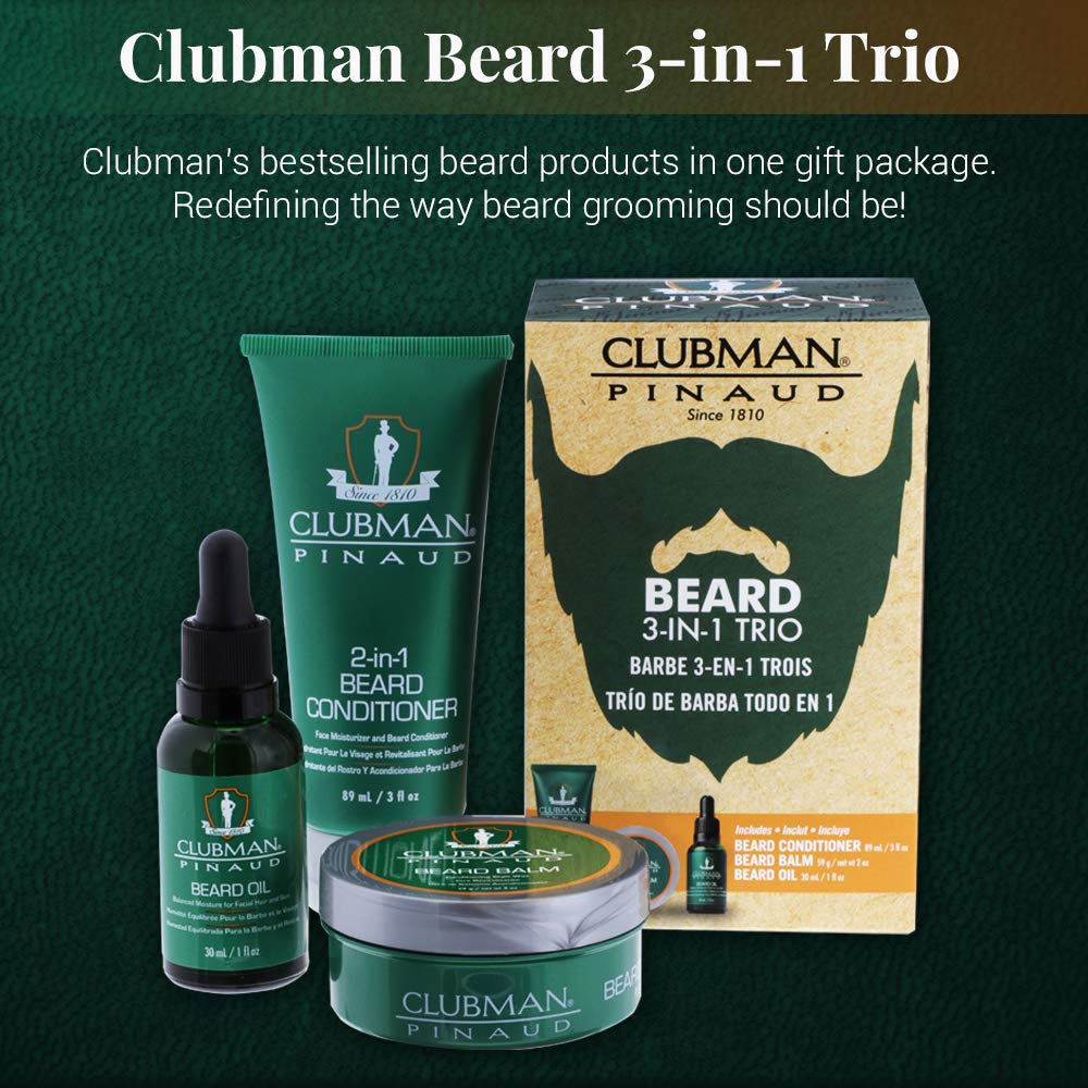 Clubman Pinaud 3-in-1 Beard Kit – Includes Conditioner, Beard Oil and Balm, Starter Kit for Men