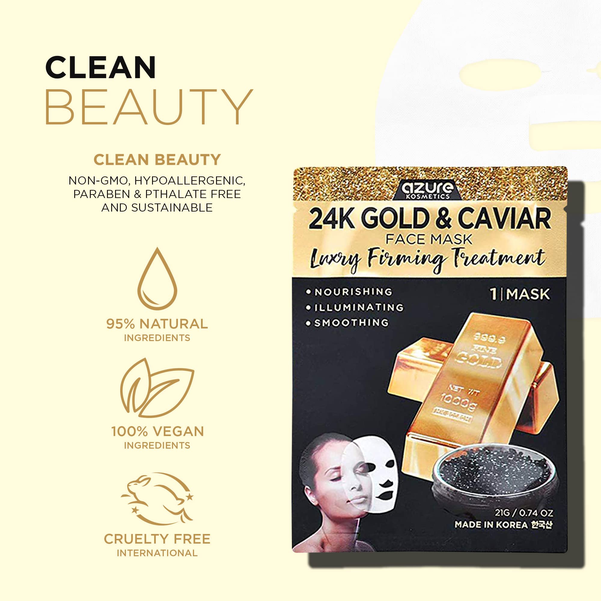 AZURE 24K Gold and Caviar Anti Aging Luxury Face Mask - Hydrating & Firming Facial Mask - Helps Reduce Wrinkles & Fine Lines - With Hyaluronic Acid & Collagen - Skin Care Made in Korea - 5 Pack