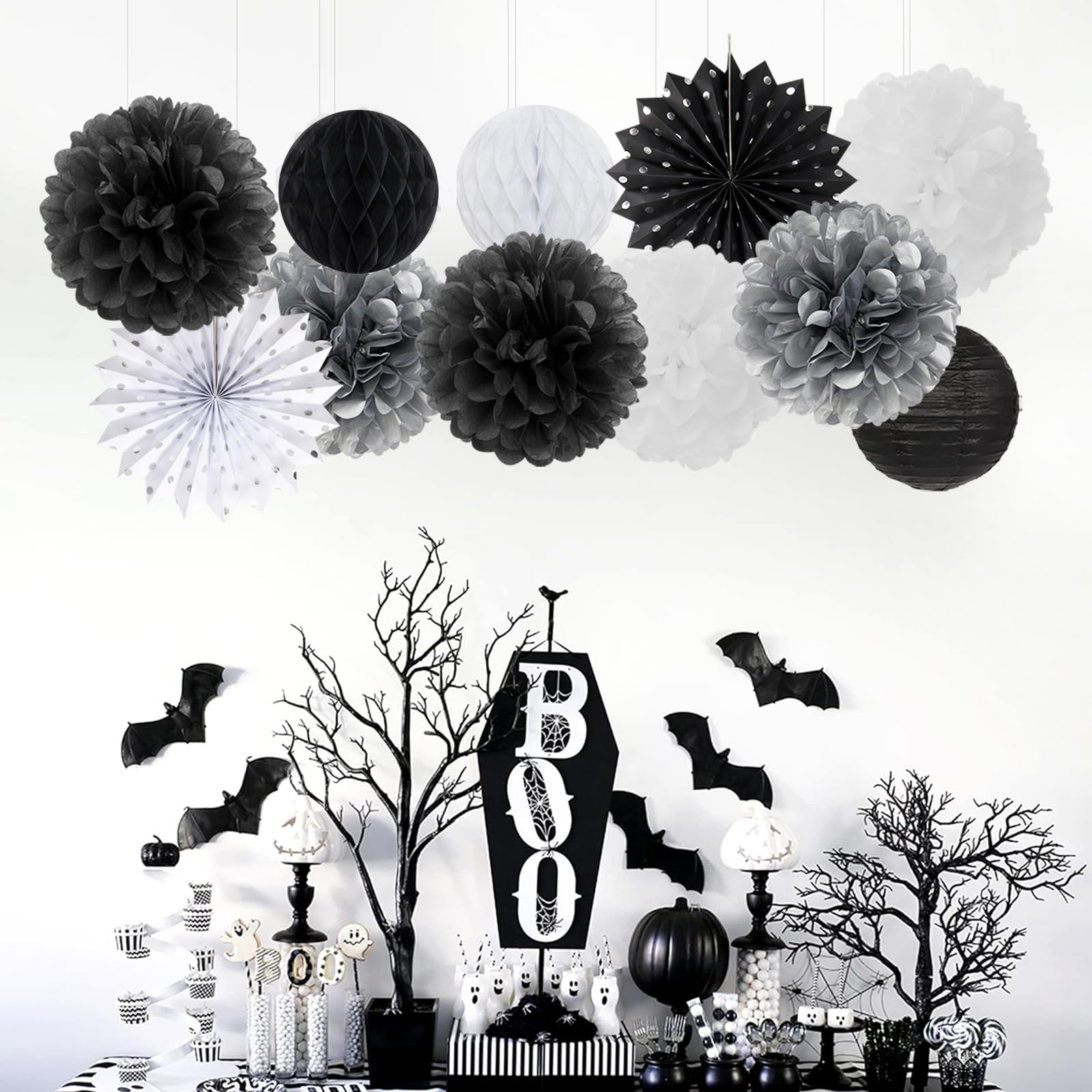 Black White Silver Party-Decorations Streamers-Lanterns - 14pc New Years Graduation 2024 Paper Fan, Bachelorette Birthday Wedding Baby Bridal Shower Tissue Pom Poms,Honeycomb Balls Decor Ouruola