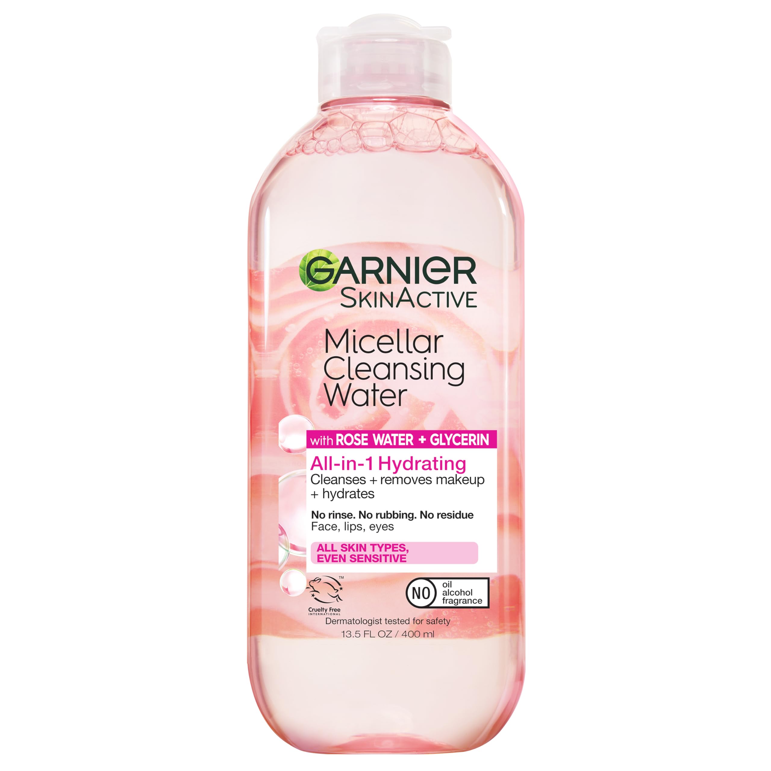 Garnier Micellar Water with Rose Water and Glycerin, Hydrating Facial Cleanser & Makeup Remover, For All Skin Types, Vegan, Cruelty Free, 13.5 Fl Oz (400mL), 1 Count