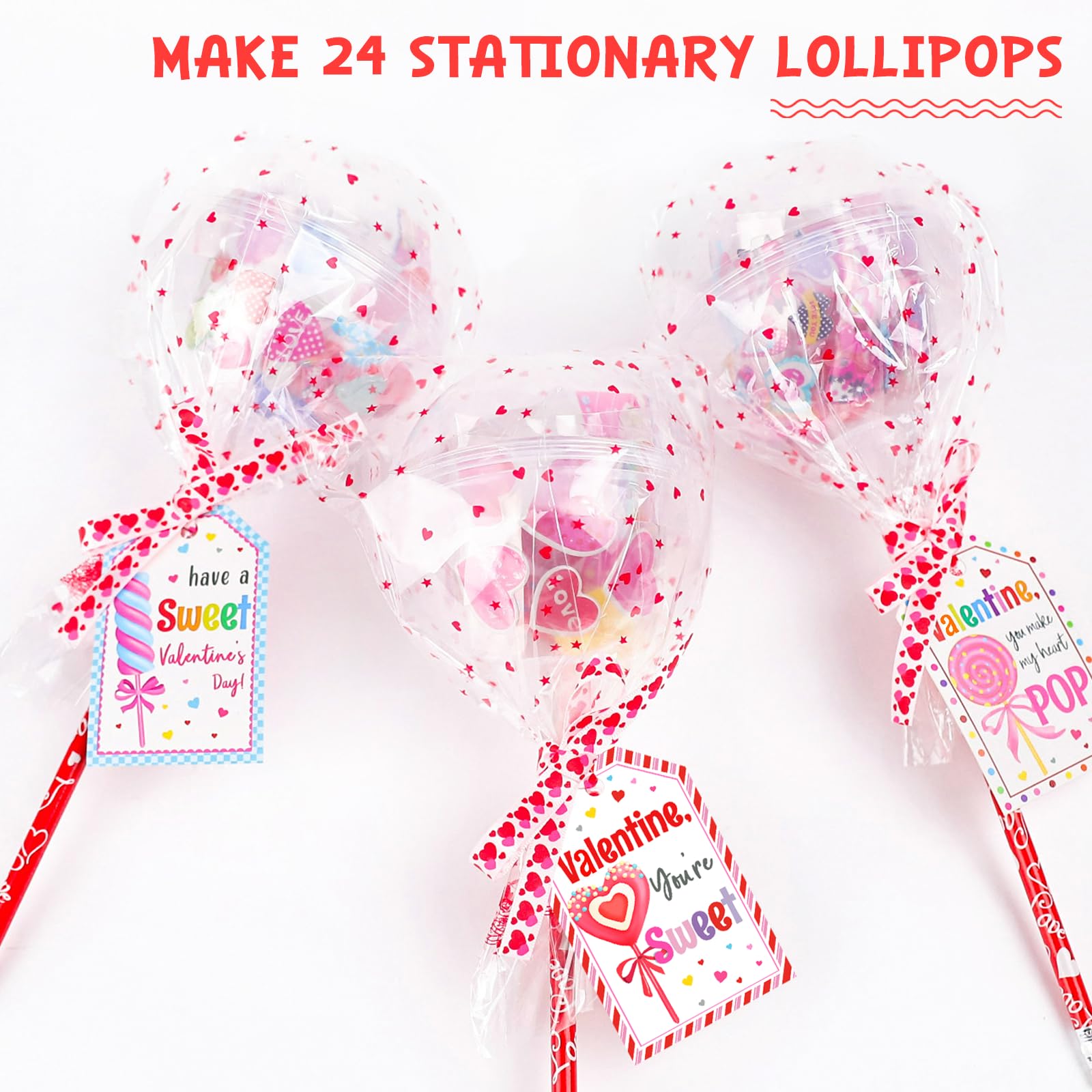 Valentines Day Gifts for Kids - 24 Pack Giant Lollipop-Shaped Stationery Set with Valentine's Cards Pencils Stickers Erasers Stampers Sharpener for Classroom Exchange School Boys Girls Party Favors