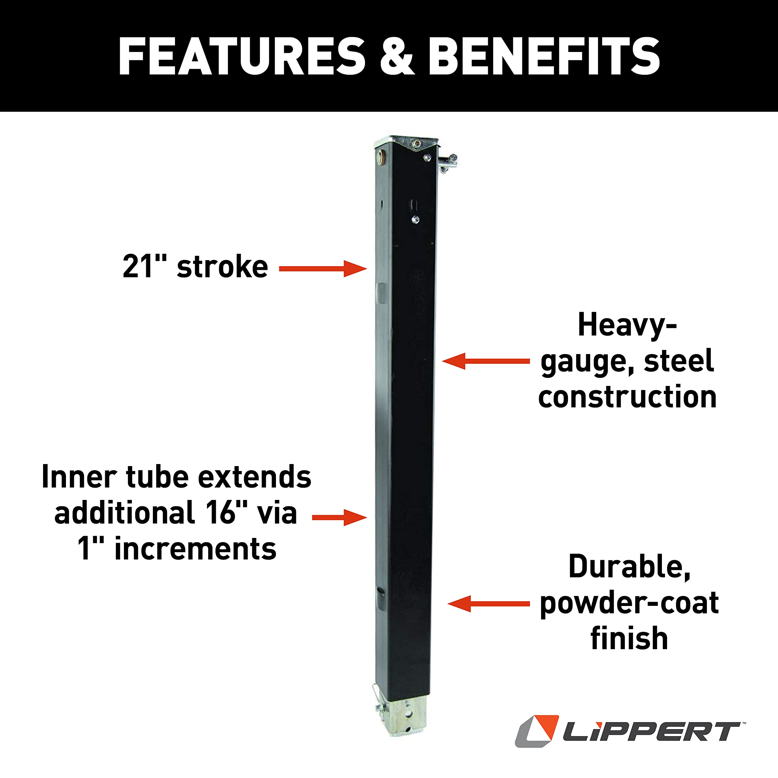 Lippert 5th Wheel Landing Gear Follow Leg, 29-1/2" Universal Replacement with Snap Pin, Durable Powder-Coated Assembly - 179014, Black