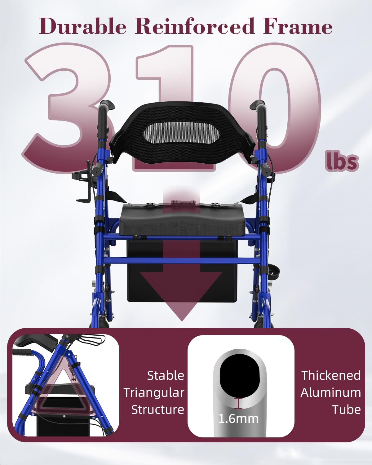 Fvzzin Walkers for Seniors with Seat, Extra Wide 2 in 1 Rollator Walker & Transport Chair with Reversible Backrest & Detachable Footrests, Foldable Wheelchair Combo with 8" Anti-Slip PU Wheels, Blue