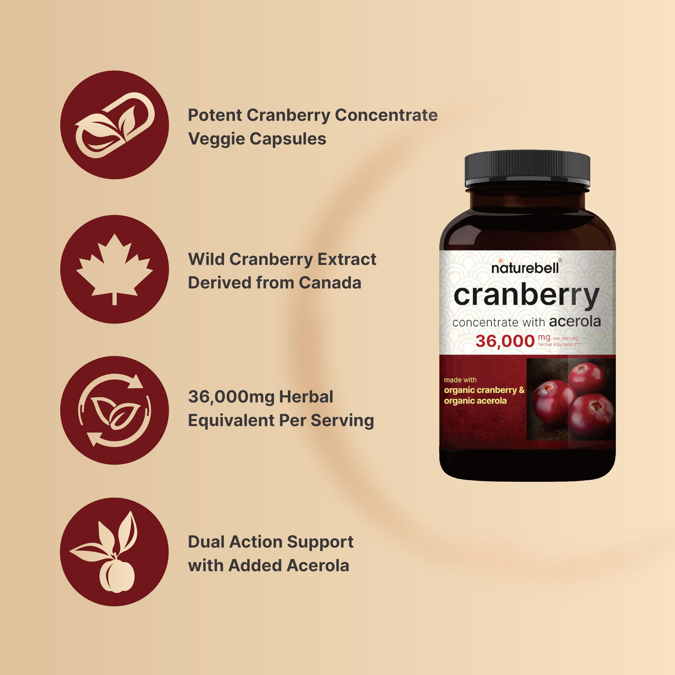 NatureBell Cranberry Pills 36,000mg with Acerola | 100:1 Fresh Cranberries Extract – Organic Ingredients – Supports Urinary Tract Health – Sugar Free