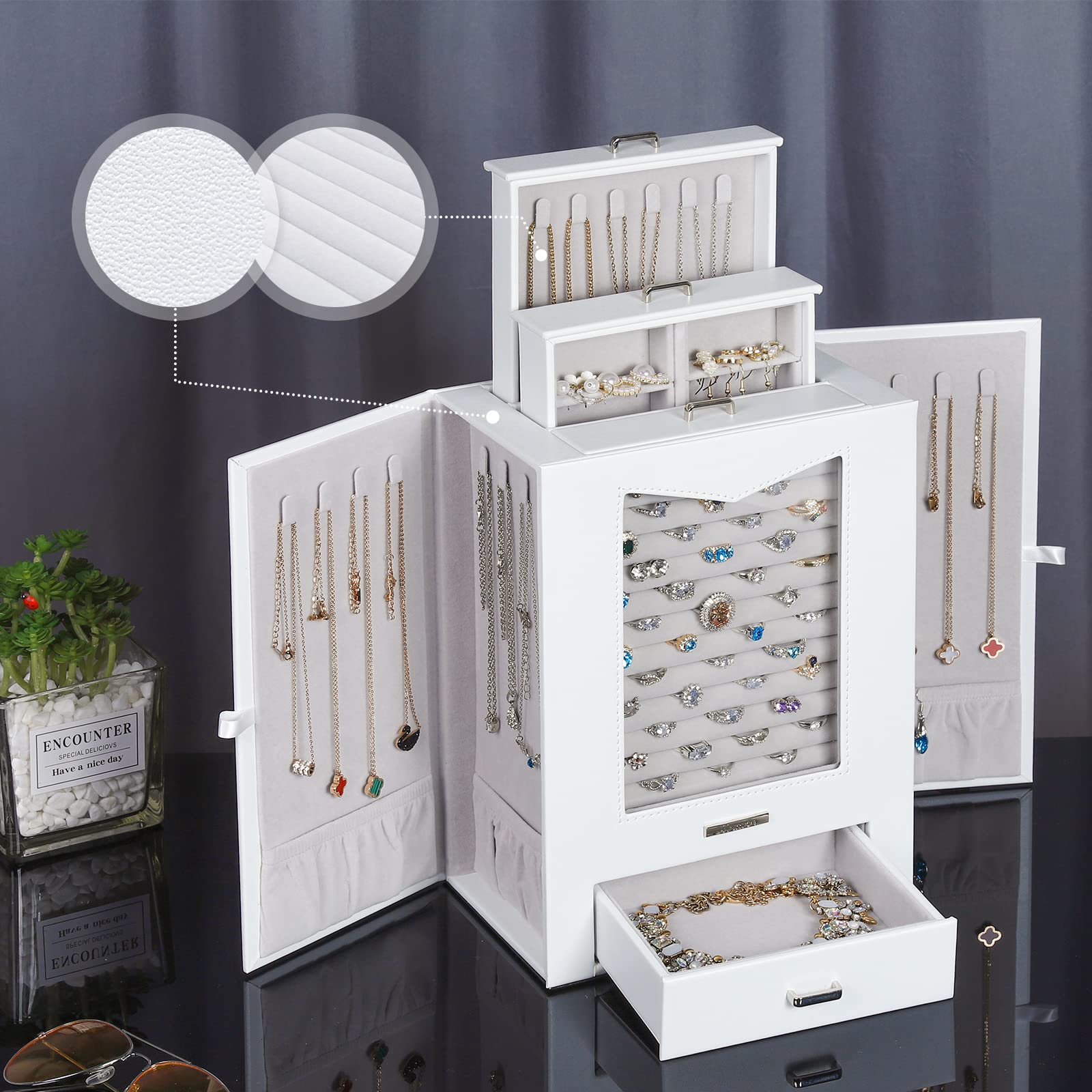 Homde Jewelry Organizer with Transparent Window Necklace Hooks Gift for Women Jewelry Box Display Case for Necklaces Rings Earrings Bracelets and Other Jewelry Accessories (White)