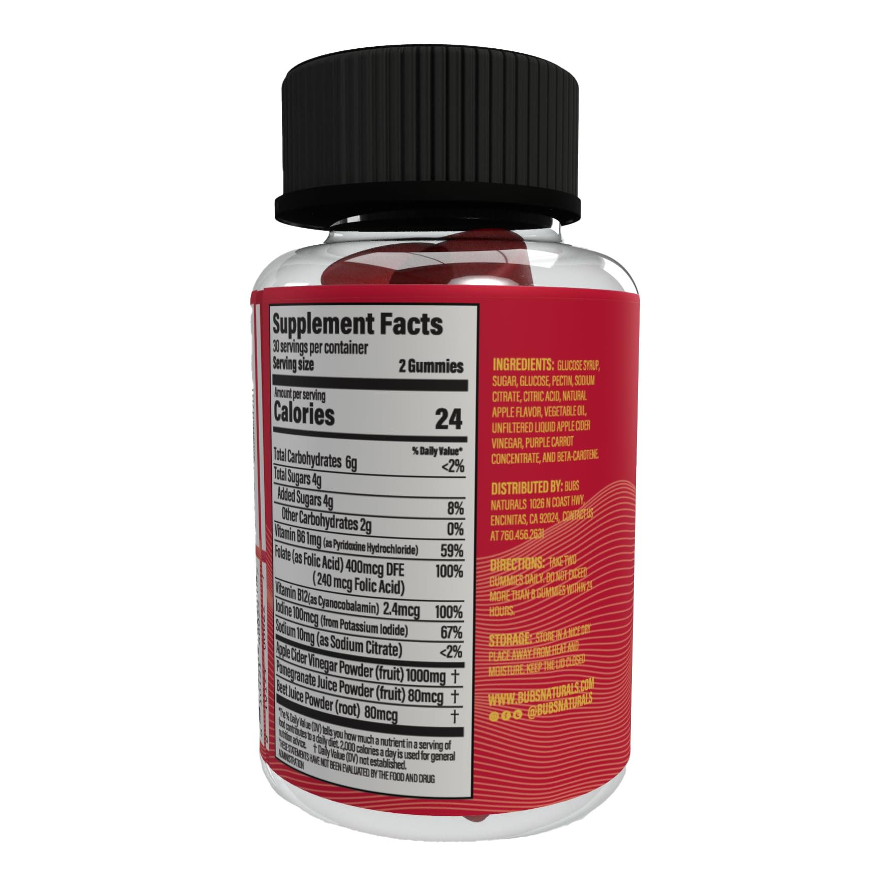 BUBS Naturals Apple Cider Vinegar Gummies - with The Mother - All Natural Vegan ACV Gummy Vitamins - Supports Detox, Digestion - Energy Booster with B Vitamins - 60 Count