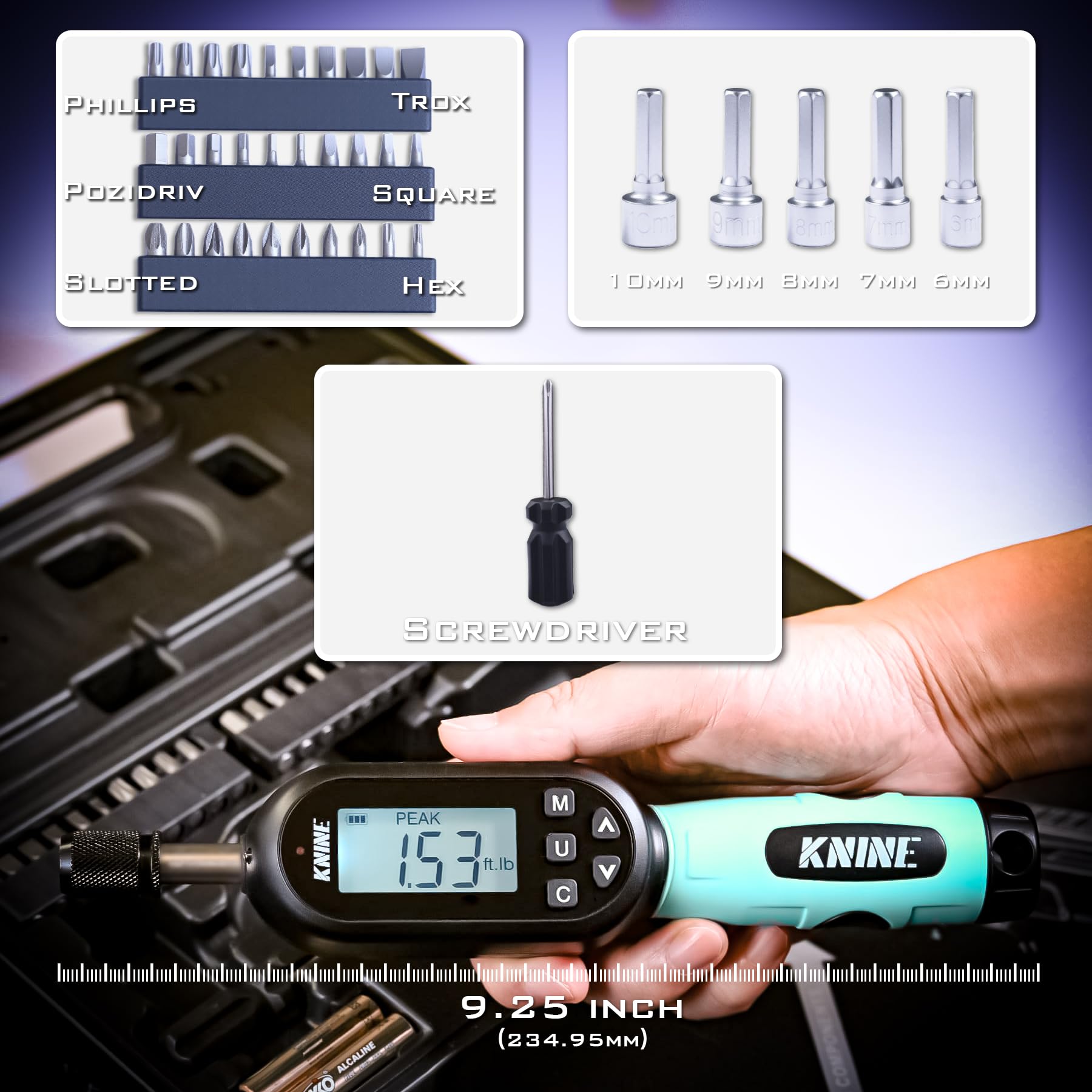 KNINE OUTDOORS 1/4 inch Digital Torque Screwdriver Wrench Driver Set, Inch Pounds lbs for Maintenance, 10-100 in-lb (1.2–12 Nm), Hex Bits, For Tools, Bike Repairing and Mounting