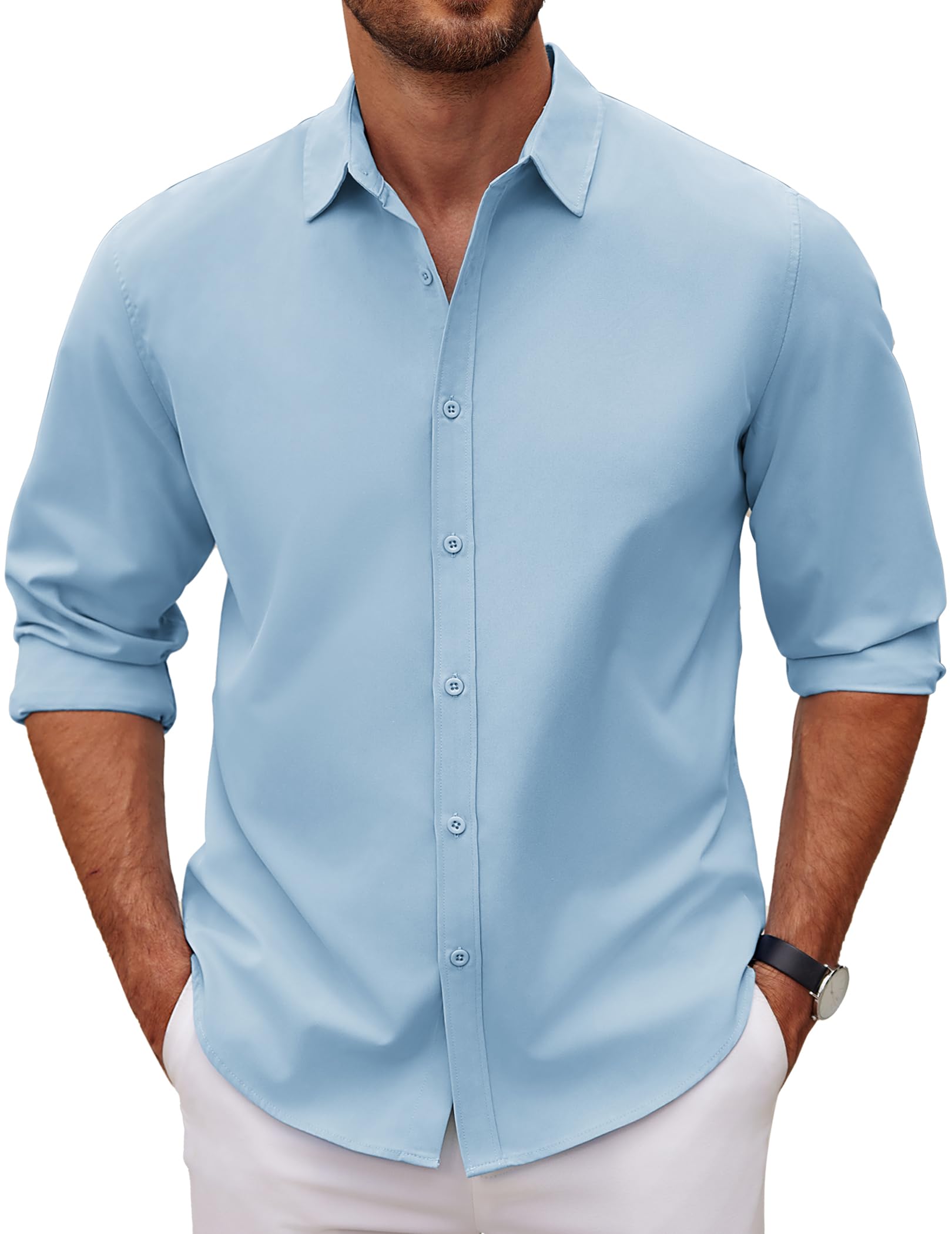 COOFANDY Men's Classic Soild Oxford Shirts Long Sleeve Untucked Shirt Button Down Chambray Shirt Big and Tall Shirt Light Blue