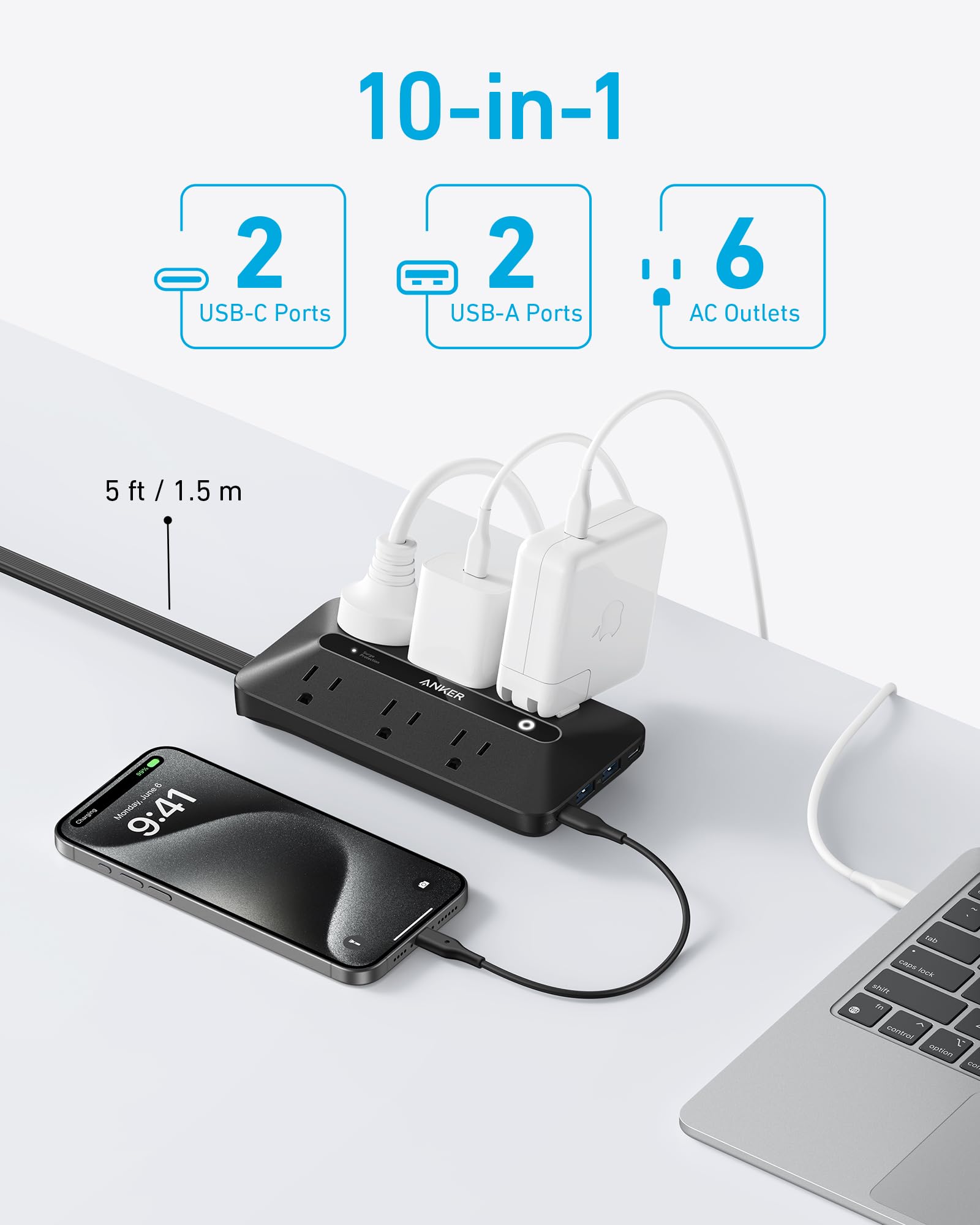 Flat Plug Power Strip 300J, Anker USB C Power Strip, 10-in-1 Ultra Thin Power Strip with 6 AC, 2 USB A and 2 USB C Ports,5ft Extension Cord, Desk Charging Station,Home Office College Dorm Room Black