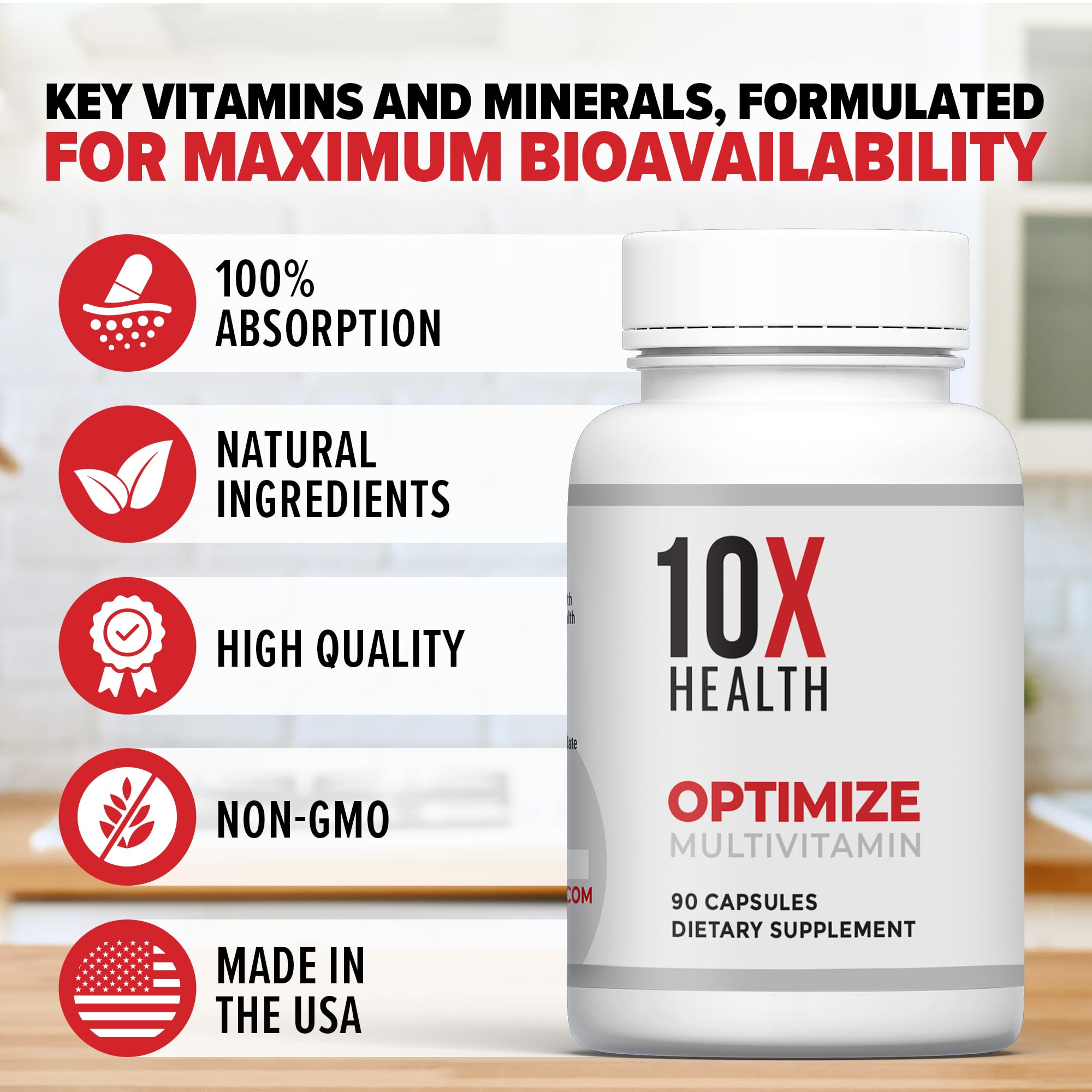 10X Health Optimize Methylated Multivitamin for Men & Women - Vitamins & Minerals with 5-MTHF, B Complex, NAC, Magnesium & Zinc Multivitamins - Multi Vitamins for Adults - 90 Capsules