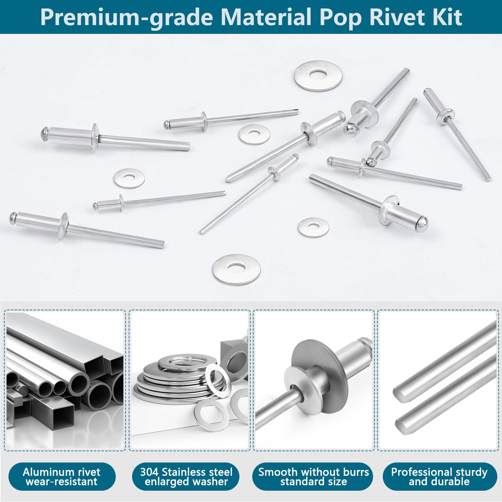 860PCS Aluminum Pop Rivets with 304 Stainless Steel Washers Kit,11 Sizes of Blind Rivets with 4 Sizes of Backup Washers,Widely Used in Vehicles,Ships (Diameter 3/32" 1/8" 5/32" 3/16")