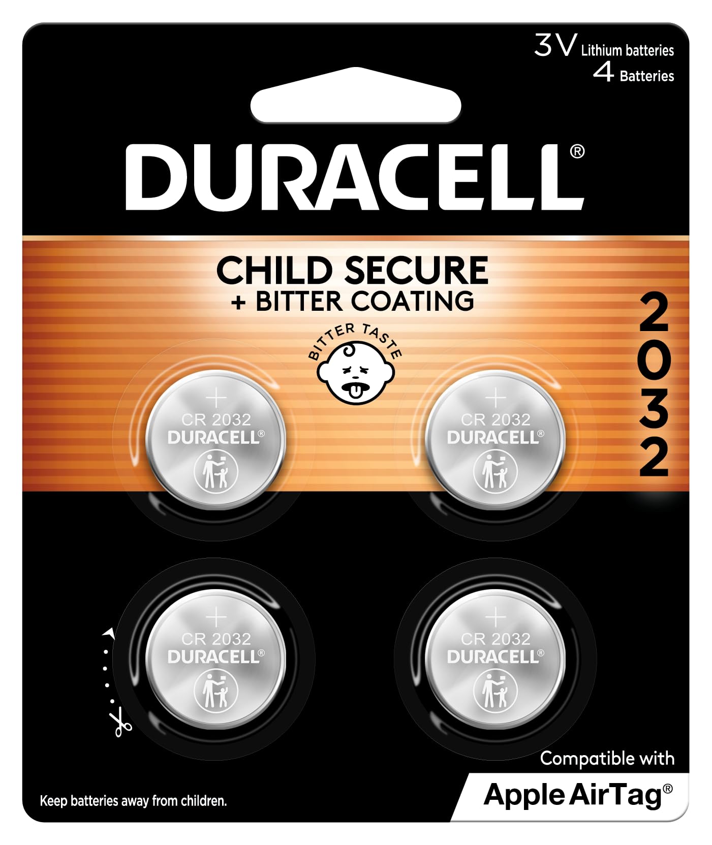 Duracell 2032 Lithium Battery. 4 Count Pack. Child Safety Features. Compatible with Apple AirTag, Key Fob, and other devices. CR2032 Lithium 3V Cell. 2032 Battery, Lithium Coin Battery