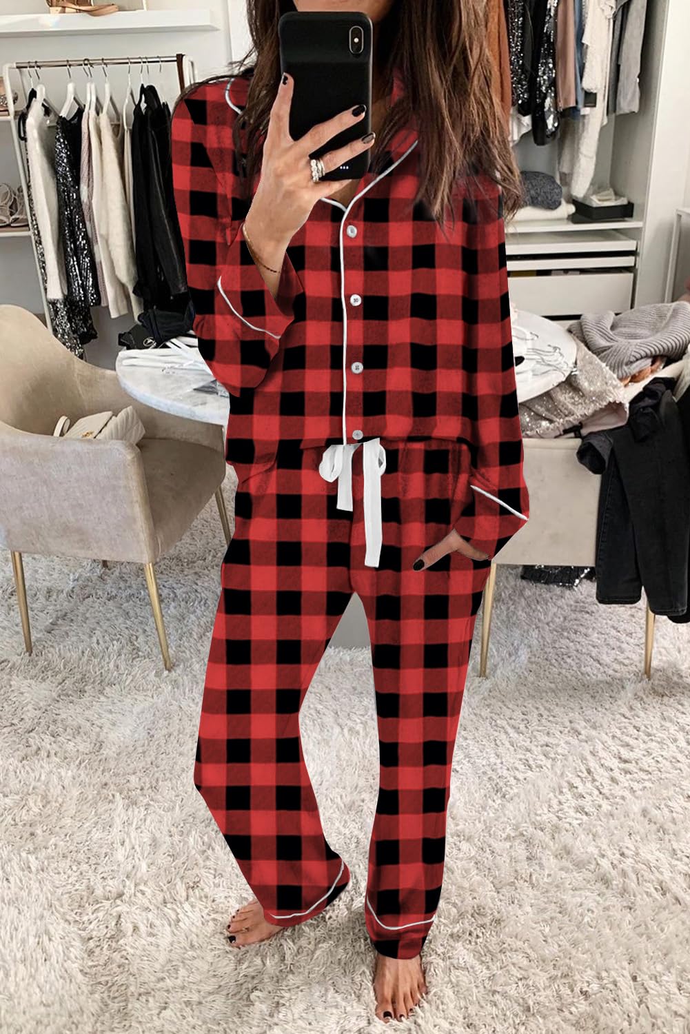 Aamikast Pajama Sets for Women Soft Button Up Christmas Pjs Matching Sets (Plaid Red M)