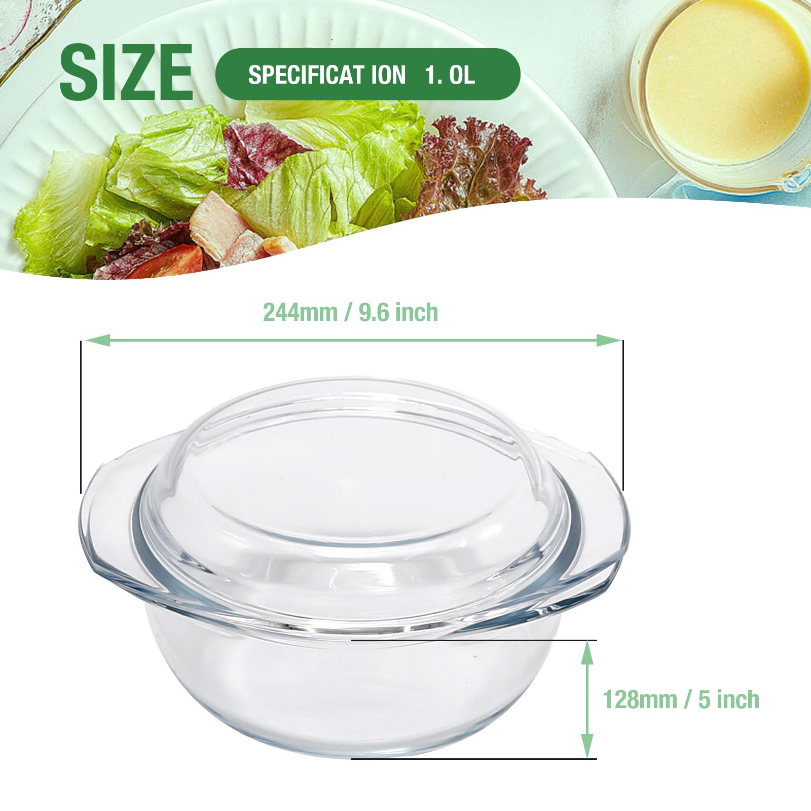 Premium Glass Salad Bowls - Includes Soup Bowls with Handles and French Onion Soup Bowls - Ideal for Cooking on Stove and CorningWare Casserole Dish with Lid - Small Glass Bowls for Breakfast Cooking