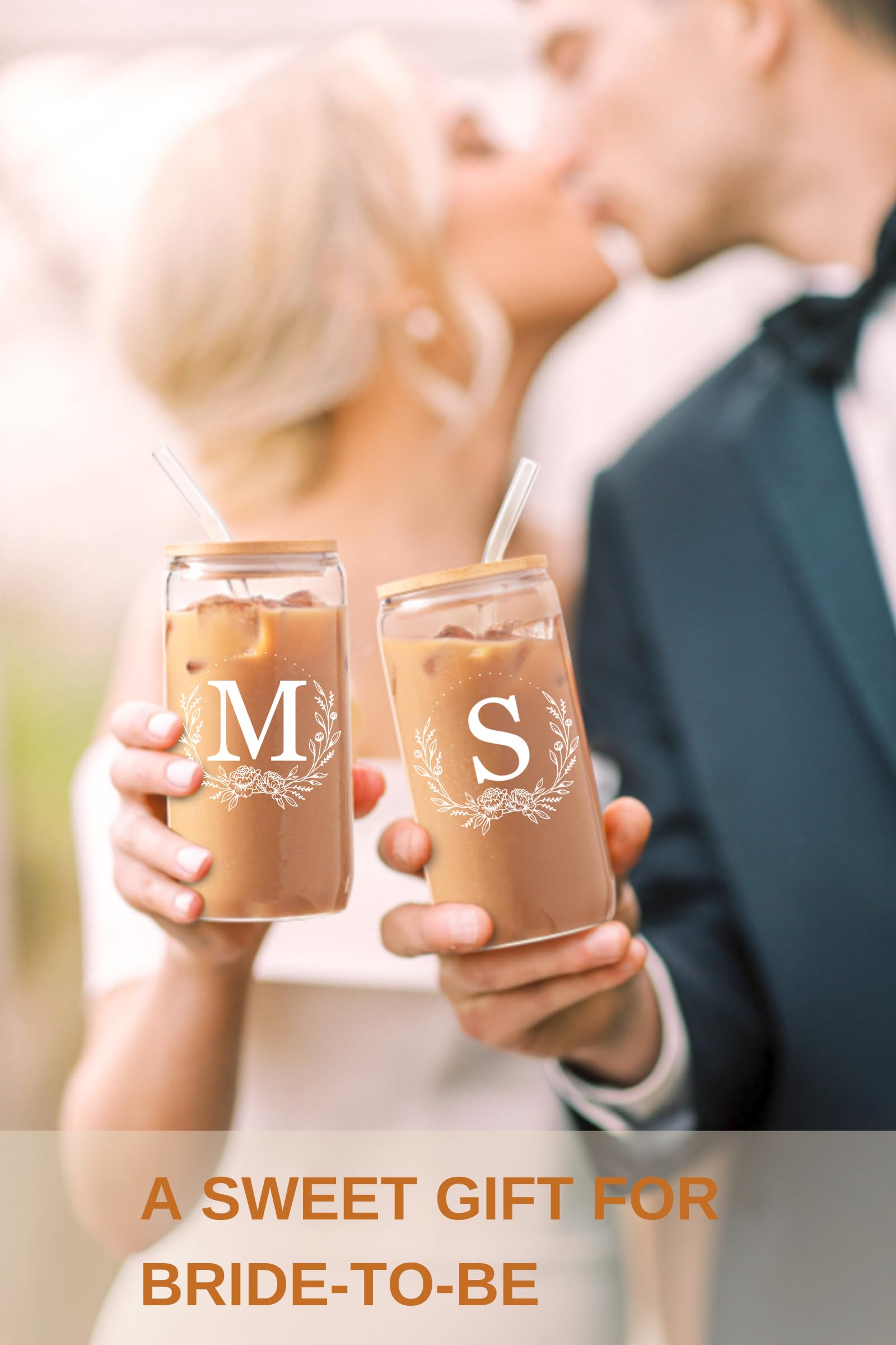 Personalized Gifts for Women, Monogrammed 16oz Glass Cups with Bamboo Lids and Straws, Customized Glass Tumbler, Cute Custom Mug, Customizable Initial Iced Coffee Glasses, Birthday Bridesmaid Mom, K
