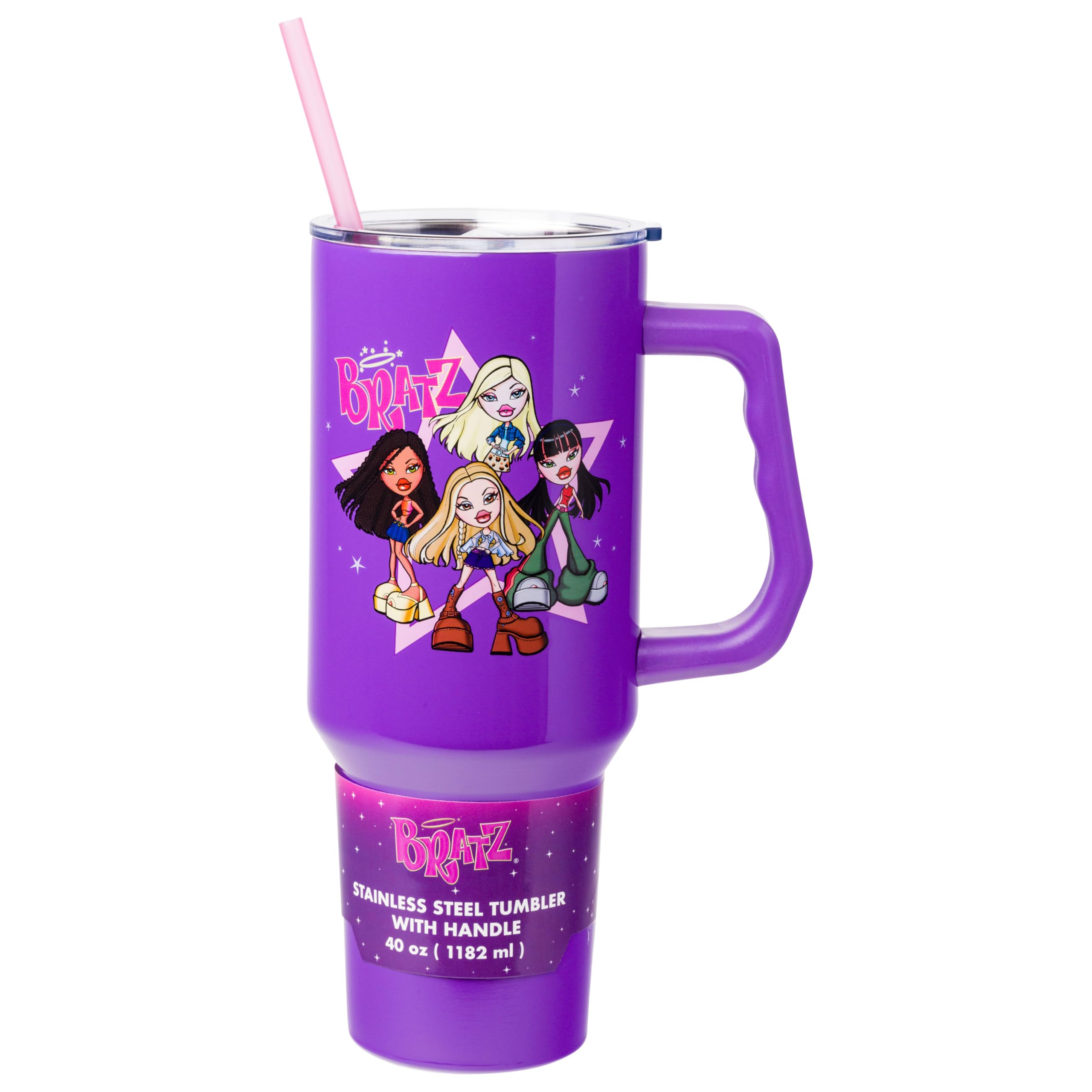 Silver Buffalo Bratz Featuring Cloe, Yasmin, Jade, and Sasha Stainless Steel Tumbler with Handle and Straw, Fits in Standard Cup Holder, 40 Ounces