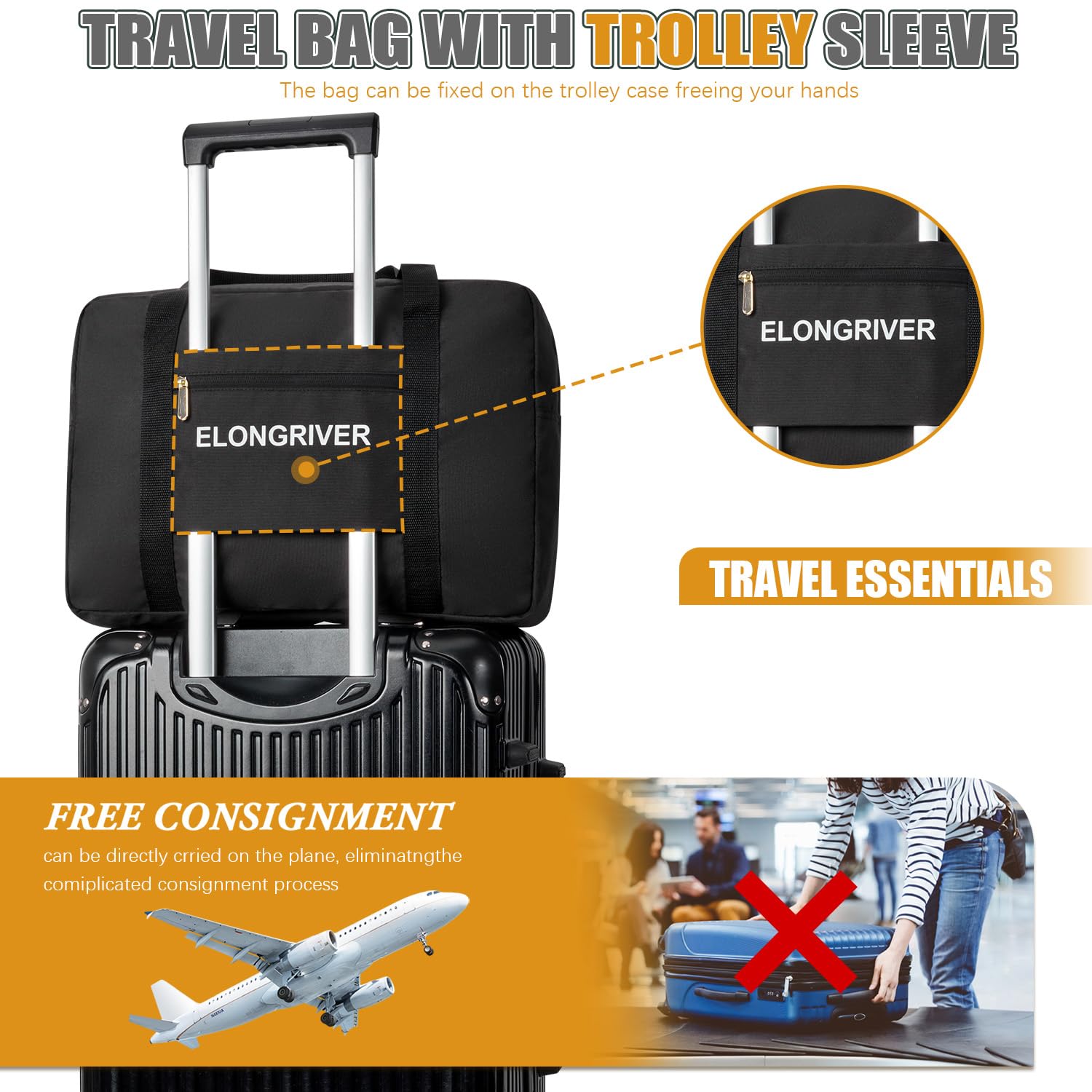 Travel Duffel Bag Foldable Weekender Overnight Bag for Men Women Lightweight Carry on Tote Bag For Spirit Airlines Black