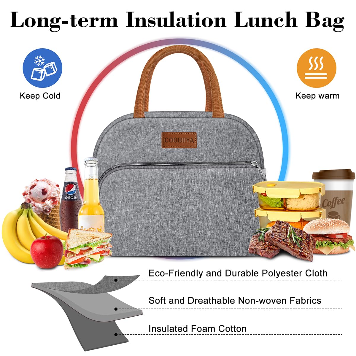 Coobiiya Lunch box for Women/Men/Adult, Lunch Box Lunch Bag Women, Small Leakproof Cute Lunch Tote Large Capacity Reusable Insulated Cooler Lunch Container for Work/Office/Picnic/Beach-Grey