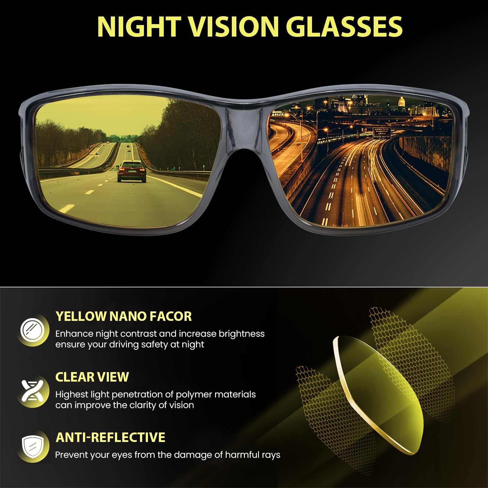 TJUTR Night Vision Driving Glasses Fit Over Glasses for Men Women, Anti Glare Polarized Nighttime Eyeglasses Yellow Lens (Grey)