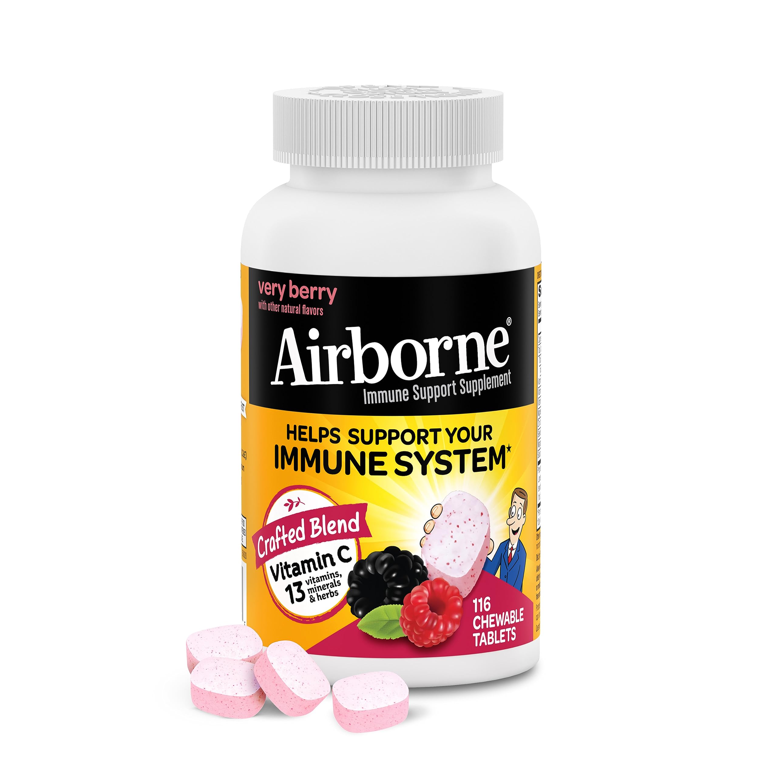 Airborne 1000mg Vitamin C with Zinc, Immune Support Supplement with Powerful Antioxidants Vitamins A C & E - 116 Chewable Tablets, Very Berry Flavor