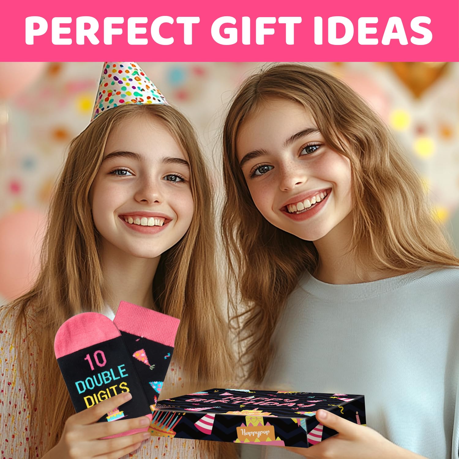 HAPPYPOP 10 Year Old Birthday Gifts Ideas for Girls - Socks for Tween Girls Age 10, Presents for 10 Year Old Kids, Gifts for Ten Year Old Girls, Black