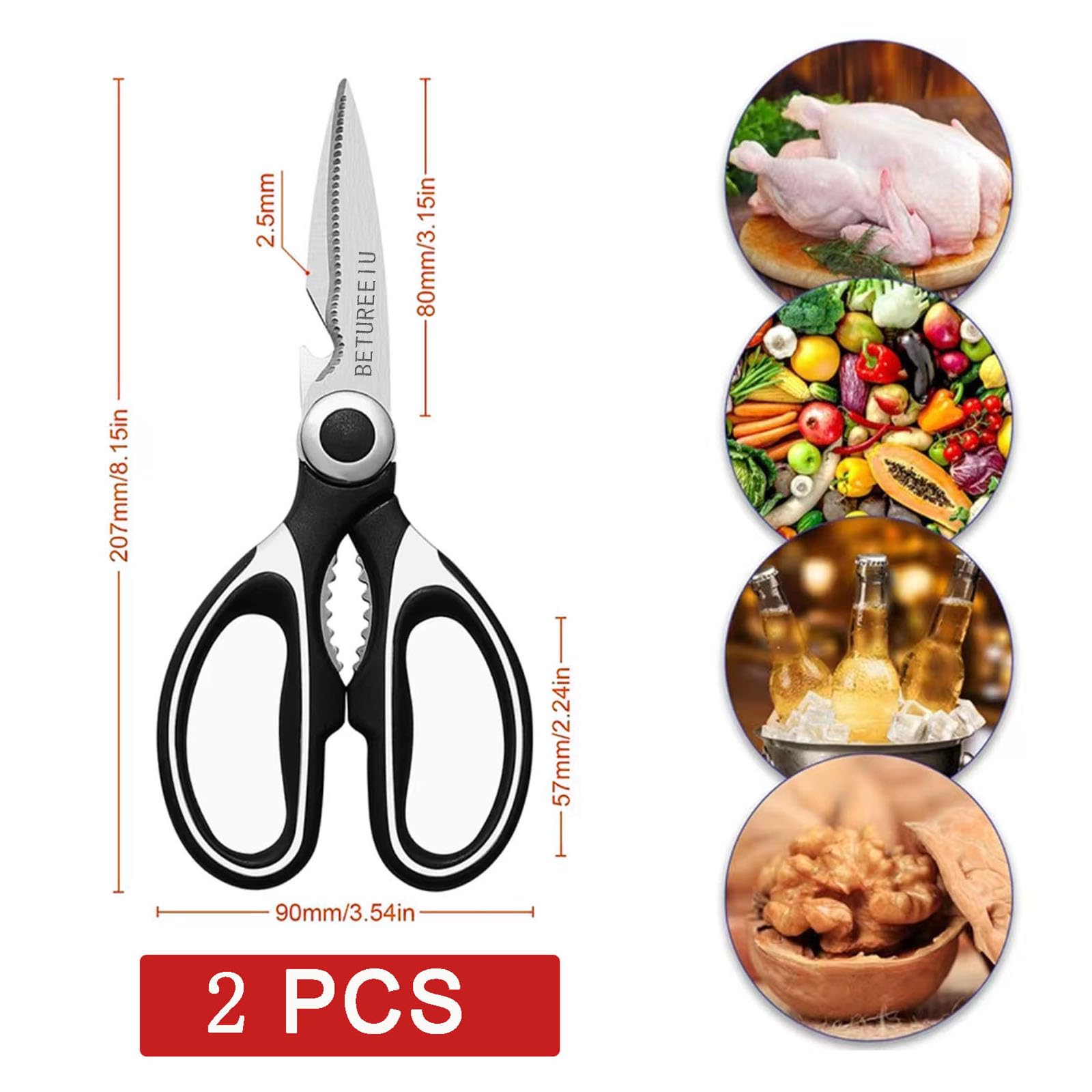 [2 Pack] BETUREEIU Kitchen Scissors, Heavy Duty Dishwasher Safe, All Purpose Utility Shears, Stainless Steel Sharp Food Cooking Tool for Meat, Chicken, Poultry, Fish, Vegetables
