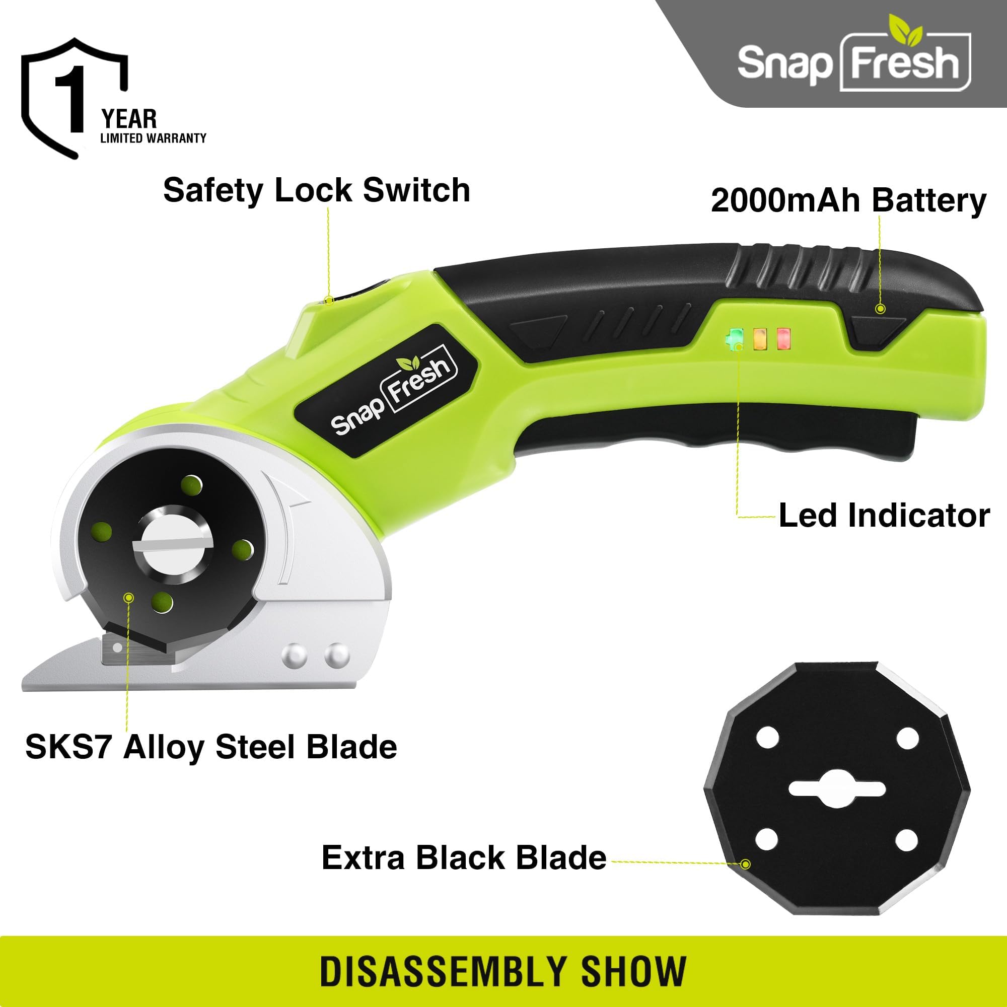 SnapFresh 4V Cordless Electric Scissors-Rechargeable Rotary Box Cutter w/ 2.0Ah Battery, 2 Self-Sharpening Blades, LED Light & Safety Lock,Carpet Cutter Tool for Cardboard, Fabric, Leather, Plastic