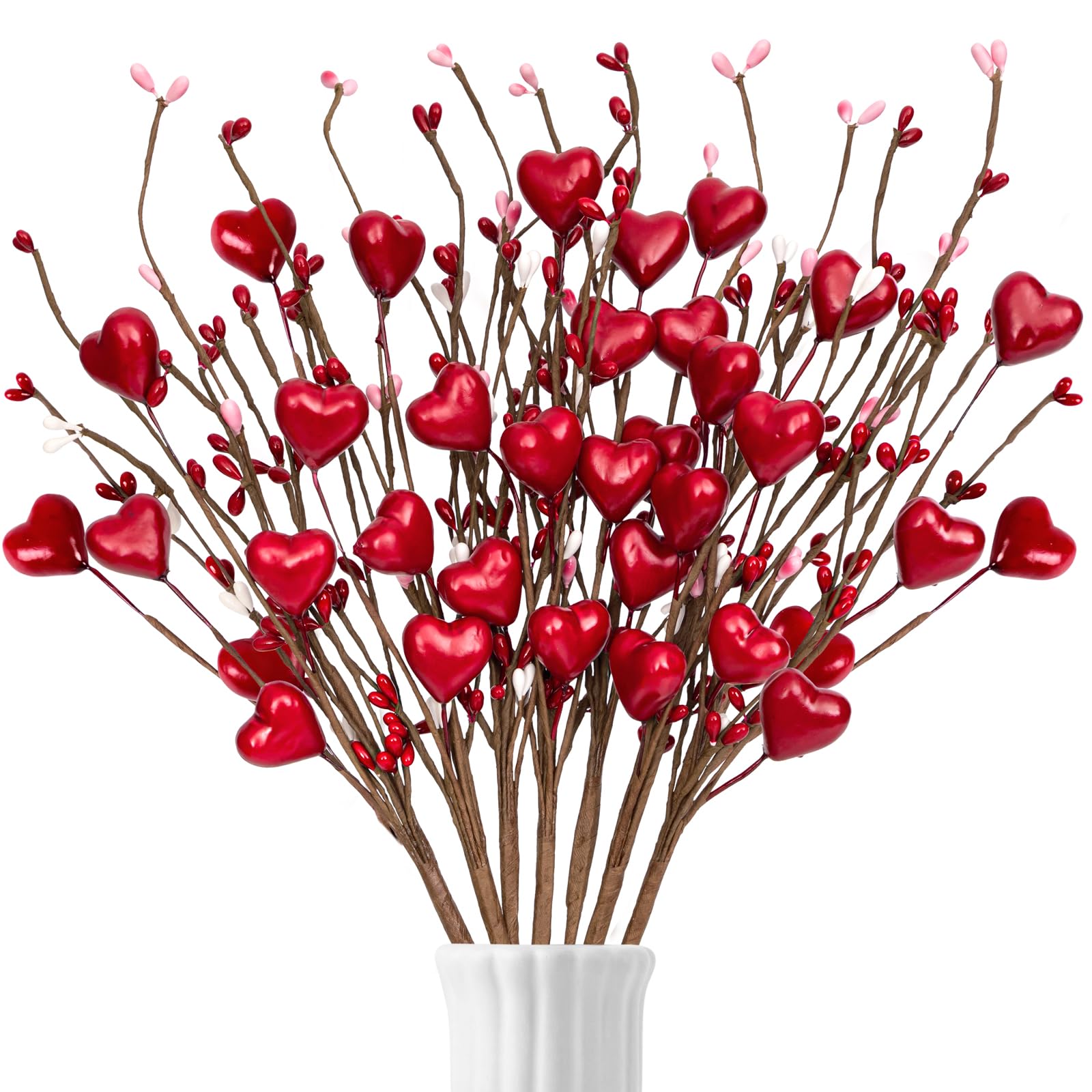 12PCS Valentines Day Decorations Artificial Flowers Picks Decor - Berry Stems with Red Heart Gifts for The Home Table Centerpieces(Style 1)