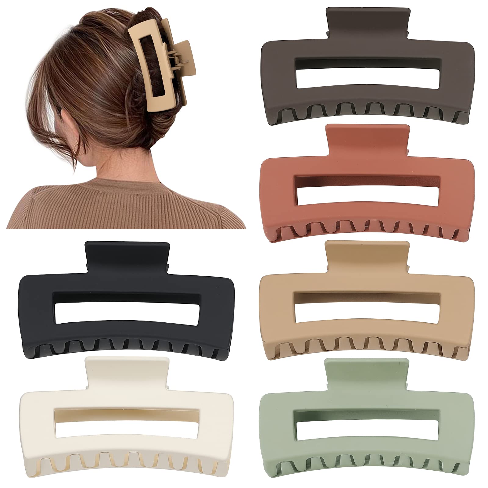 Sisiaipu 4 Inch Big Hair Claw Clips 6 Pcs for Thick Hair Square Hair Clips for Women Rectangle Nonslip Acrylic Banana Jaw Clips Hair Accessories for Girls -Brown