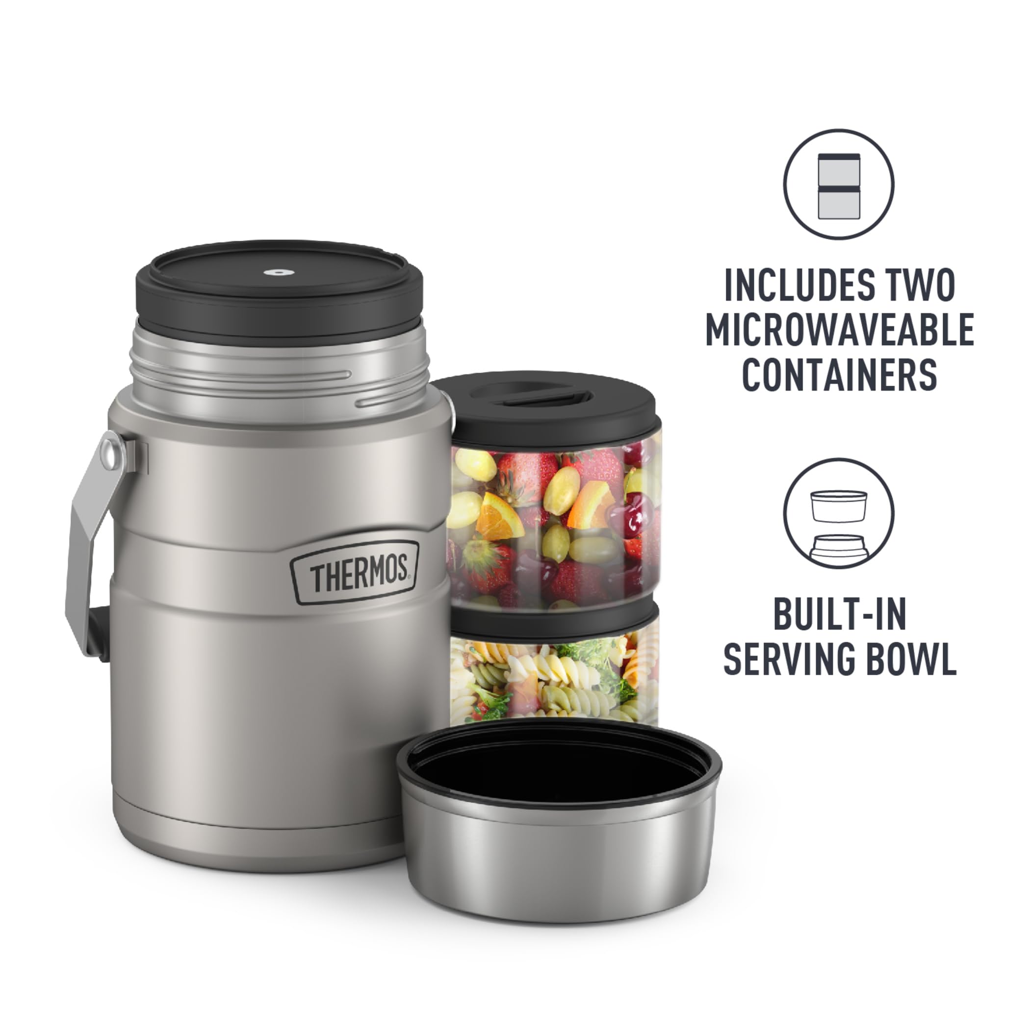 THERMOS Stainless King Vacuum-Insulated Food Jar with 2 Storage Container Inserts, 47 Ounce, Matte Steel