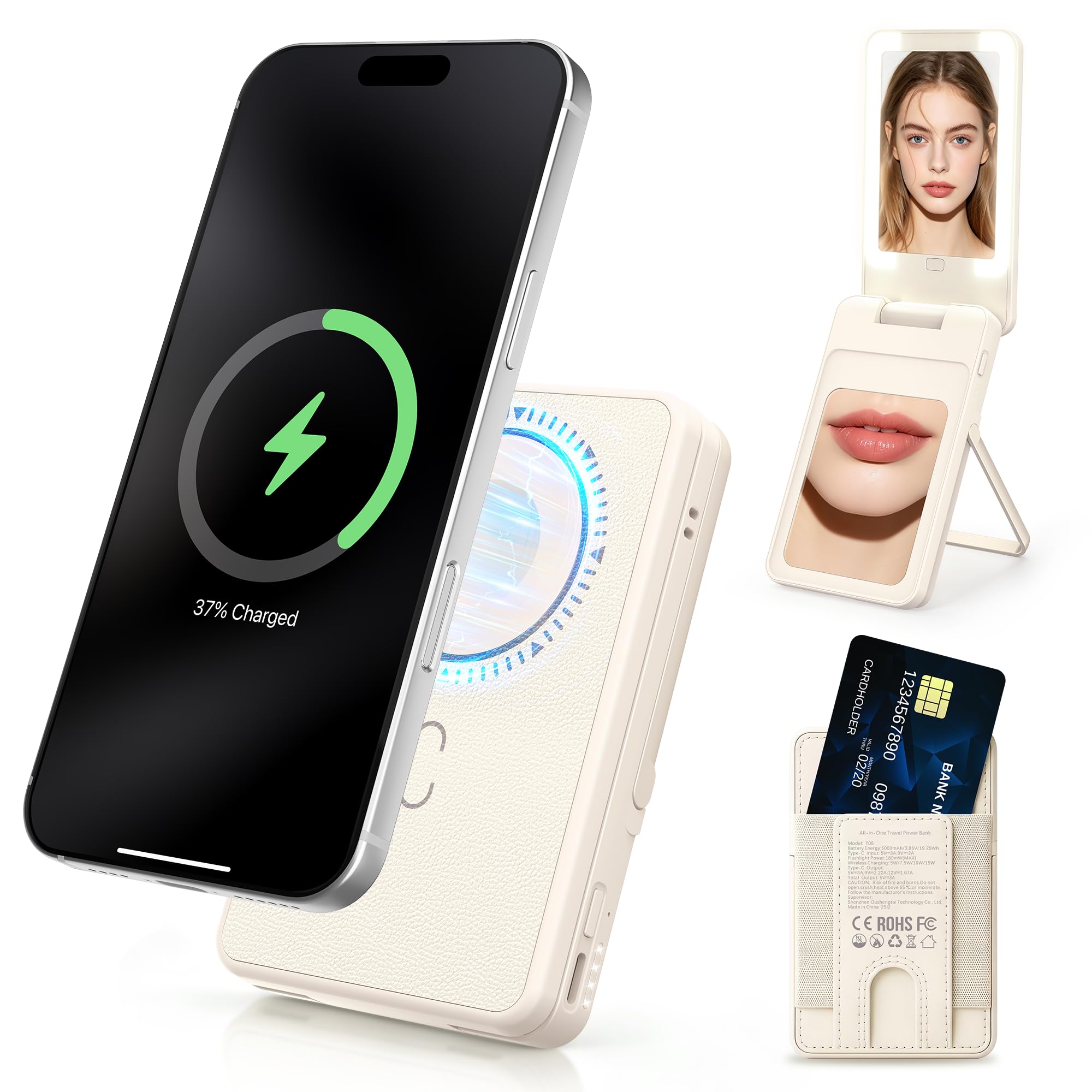 5-in-1 Magnetic Wireless Power Bank, 5000mAh Portable Charger with LED Mirror, Phone Stand, Card Holder & Bluetooth Remote, 20W Fast Charging for iPhone & Android, Travel Essential for Women, Khaki