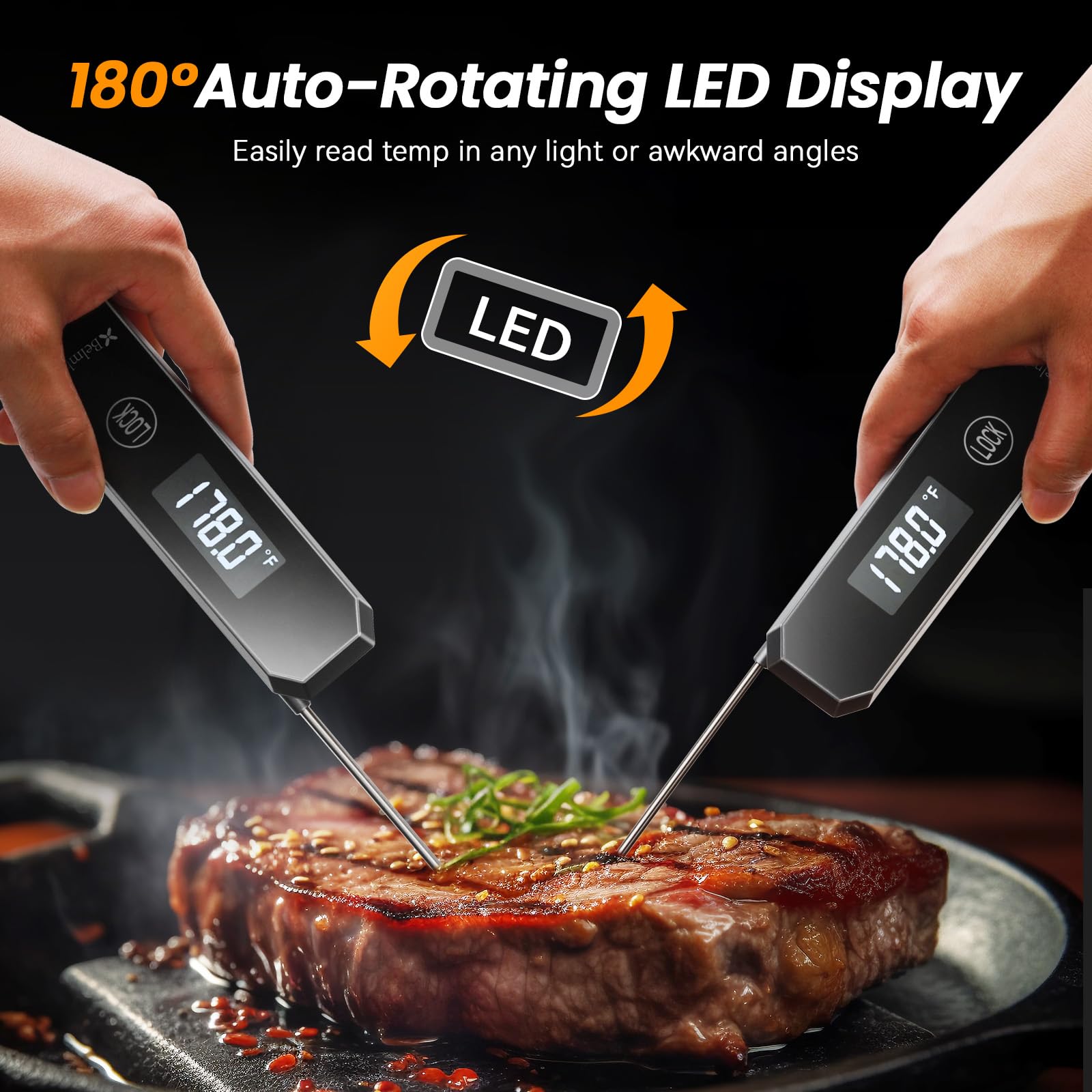 Meat Thermometer Digital, 0.5 Sec Instant Read Thermometer with High Accuracy(±0.5°F), 180°Rotating Display for Turkey Beef Lamb, Food Thermometer for Roast, Oven, Grill, BBQ, Smoker