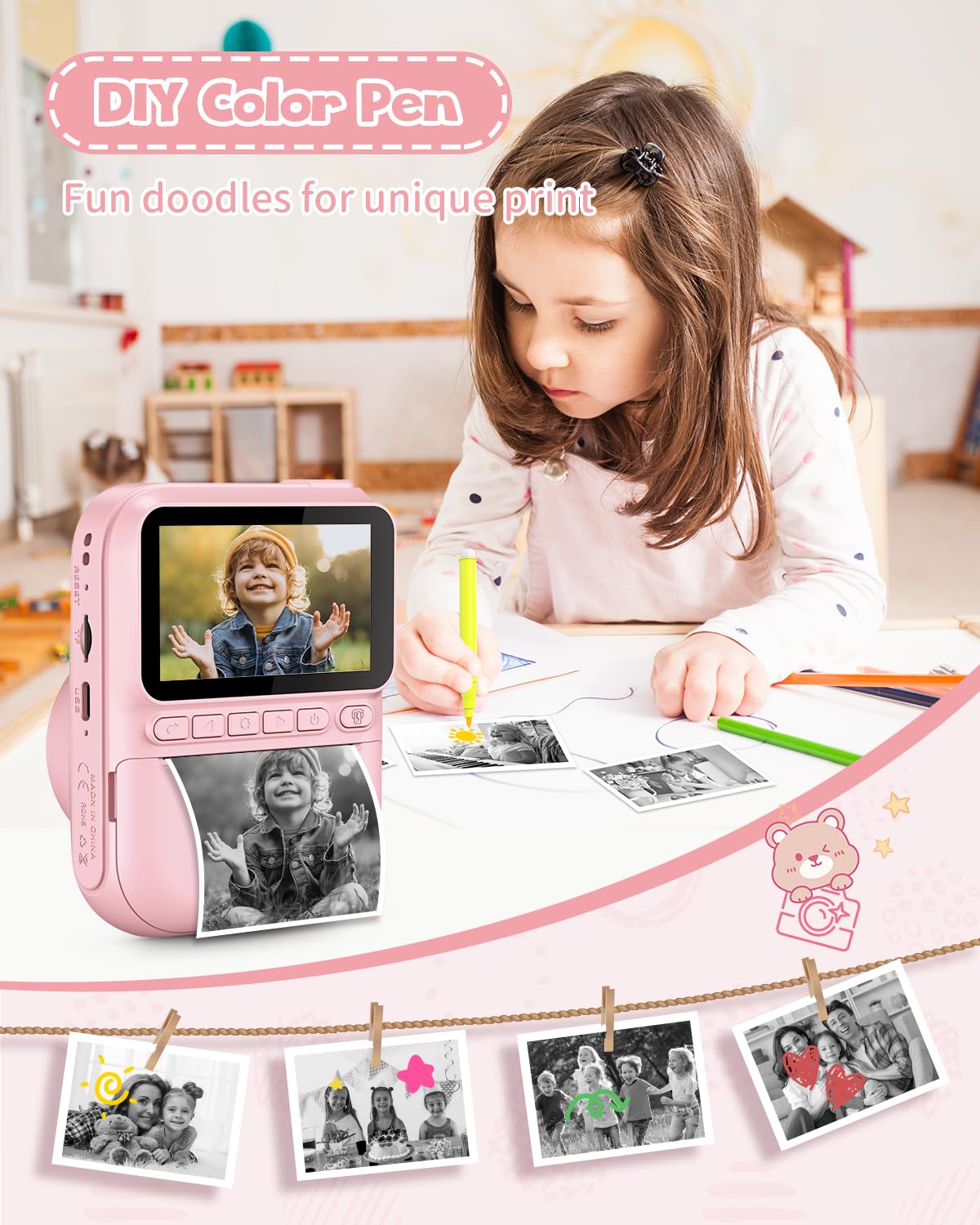 LETSHAHA Kids Instant Print Camera, 3.0-inch HD Screen 32MP Photo Instant Digital Camera Christmas Birthday Gifts Toys for Toddle Children Girls Boys Age 3-12 - Pink