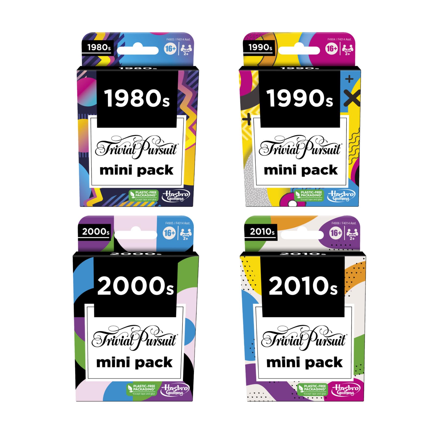 Hasbro Gaming Trivial Pursuit Mini Packs Multipack, Fun Trivia Questions for Adults and Teens Ages 16+, Includes 4 Game Featuring 4 Decades