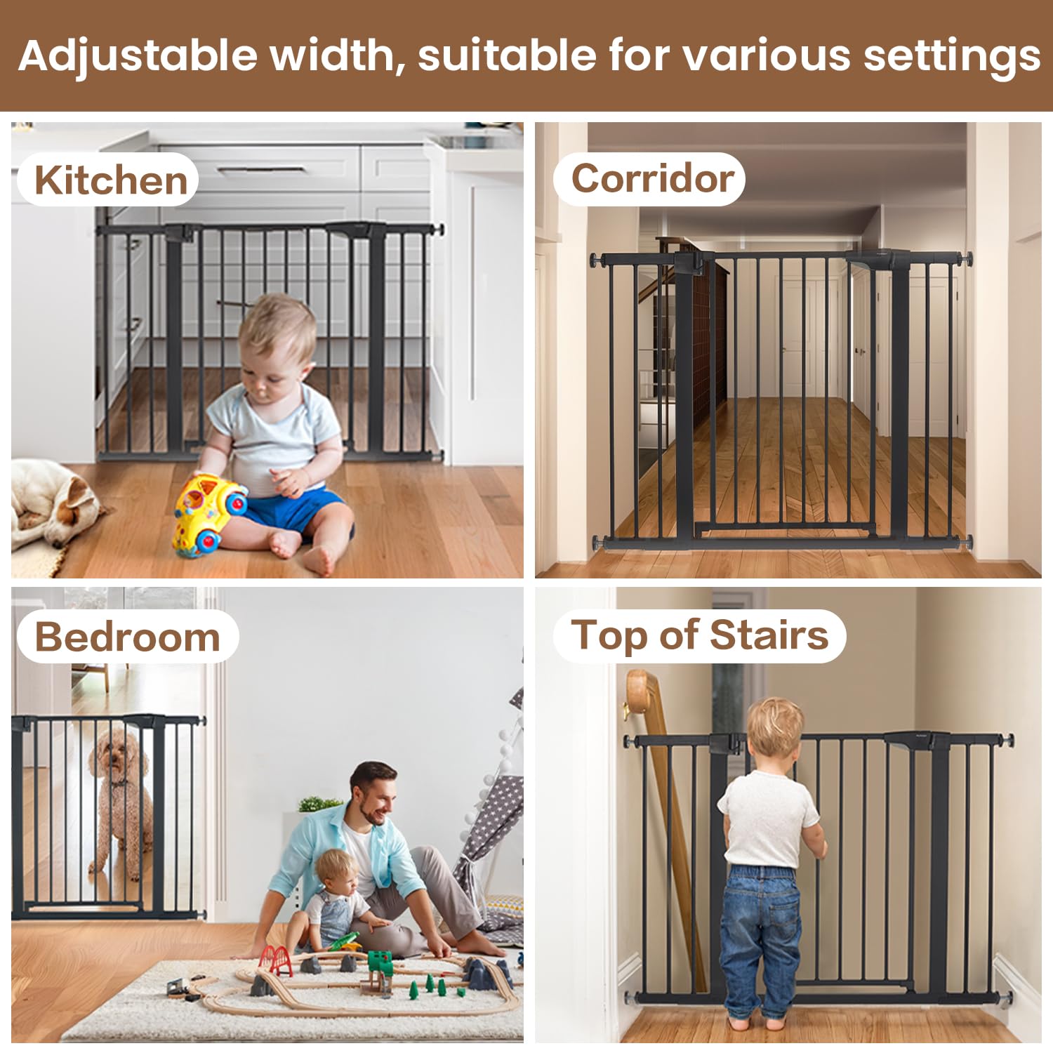 Mumeasy Baby Gate for Stairs - 29.6-46" Auto Close Dog Gate for Doorways, Extra Wide Child Gate Indoor, Walking Through Safety Gate for Kid, Pet Gates No Drilling Black, Mom's Choice Awards Winner