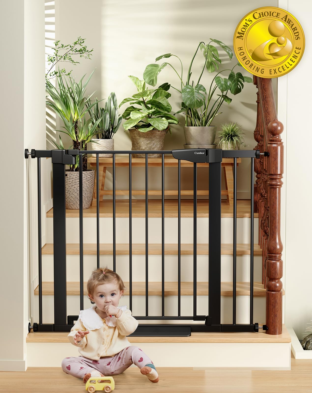 Cumbor 29.7-40.6" Baby Gate for Stairs, Mom's Choice Awards Winner-Dog Gate for Doorways, Pressure Mounted Self Closing Pet Gates for Dogs Indoor, Durable Safety Child Gate with Easy Walk Thru Door