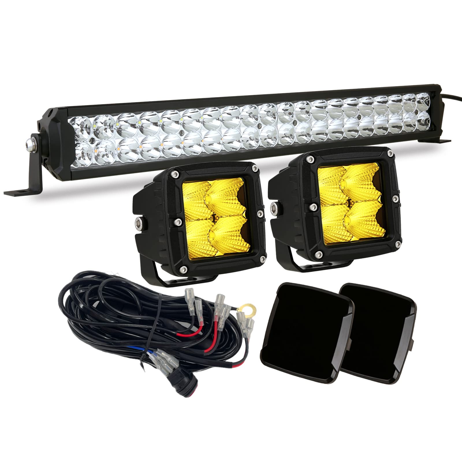 BIGLION.X 22 Inch Amber/6000k ATV UTV LED Light Bar 2PCS 3Inch Flood Amber/Yellow LED Light Pods 8000LM with Wiring Harness LED Light Bar Kit for Trucks ATV UTV Jeep